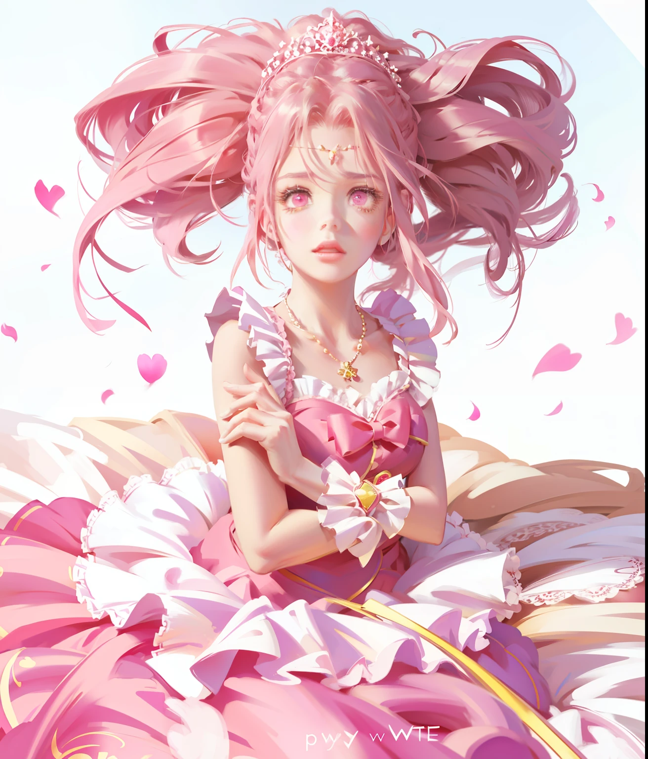 （A high resolution，high detal）Pink double ponytail hair and pink eyes，Anime girl in pink dress，tiara crown，Highly saturated color，Beautiful，Natural light，Anime princess,  portrait of magical girl, loli in dress, Loli, Lolita prostitute，magical  girl, style of magical girl, Anime moe art style