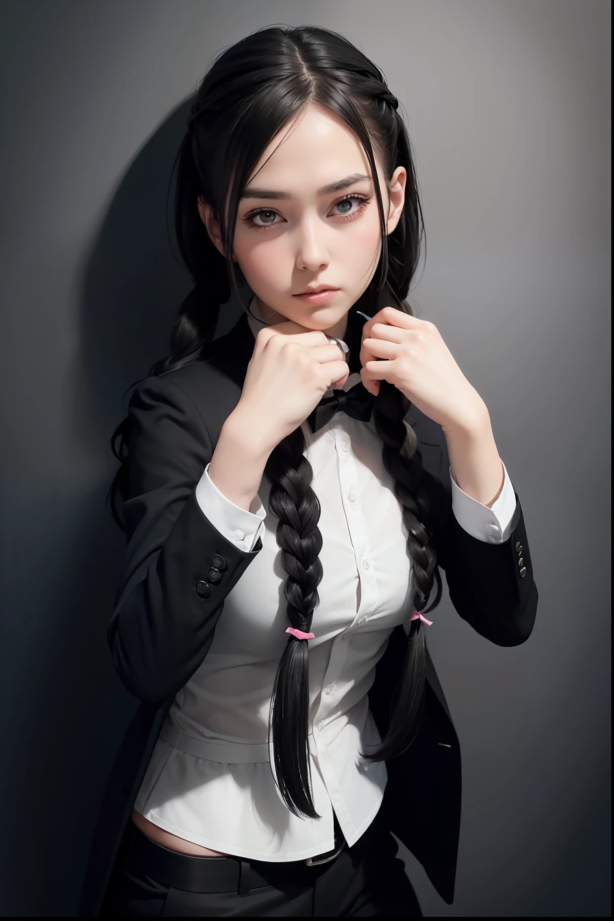 best quality, masterpiece, woman, braided pigtails, Dark hair, dark eyes, black shirt, black blazer, black tie, cynical stare, stance pose