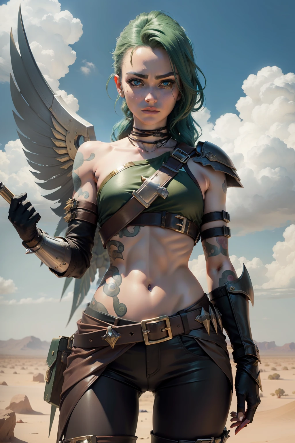 (cowboy shot), (masterpiece), (best quality:1.0), (ultra highres:1.0), highly detailed face and eyes,
BREAK
ShayeraDC, green eyes, mask, metal wings, wings, holding weapon, large spiked mace
green and gold crop top, shoulder pauldron, gauntlets, pantyhose, midriff, belt,
BREAK
desert, clouds