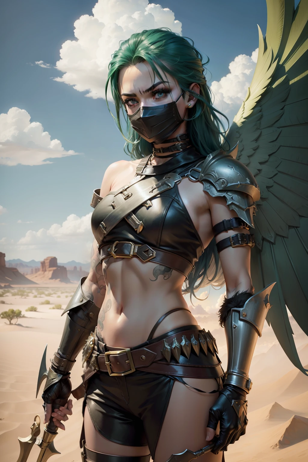 (cowboy shot), (masterpiece), (best quality:1.0), (ultra highres:1.0), highly detailed face and eyes,
BREAK
ShayeraDC, green eyes, mask, metal wings, wings, holding weapon, large spiked mace
green and gold crop top, shoulder pauldron, gauntlets, pantyhose, midriff, belt,
BREAK
desert, clouds