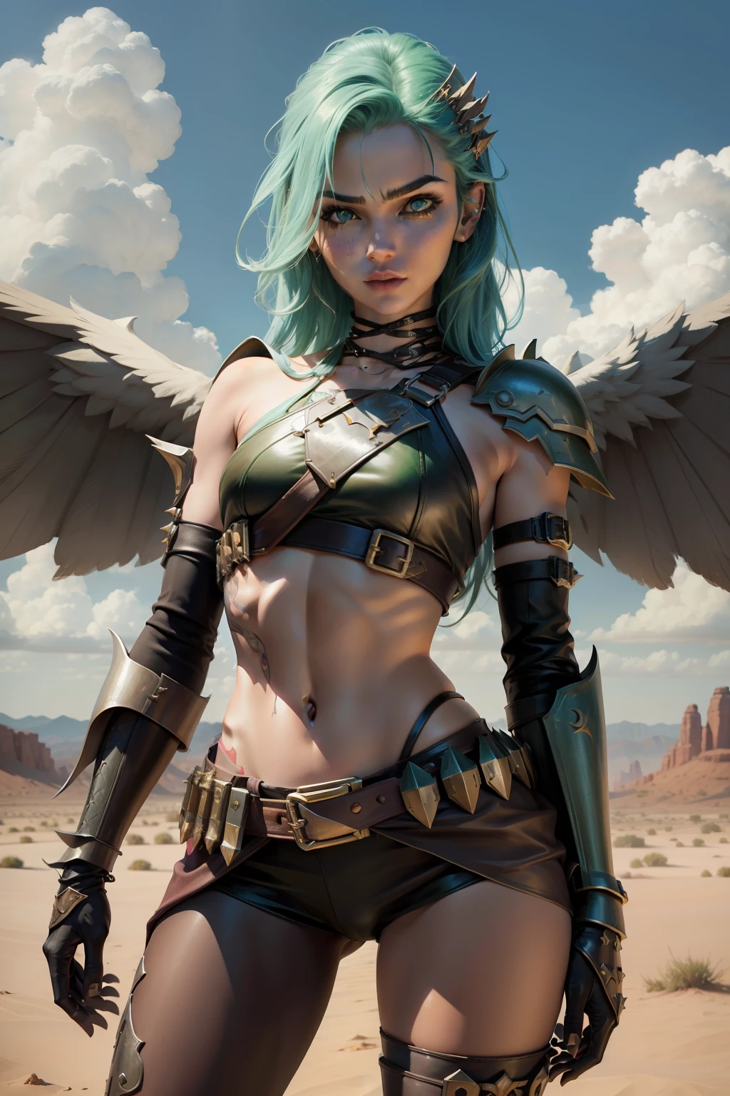 (cowboy shot), (masterpiece), (best quality:1.0), (ultra highres:1.0), highly detailed face and eyes,
BREAK
ShayeraDC, green eyes, mask, metal wings, wings, holding weapon, large spiked mace
green and gold crop top, shoulder pauldron, gauntlets, pantyhose, midriff, belt,
BREAK
desert, clouds