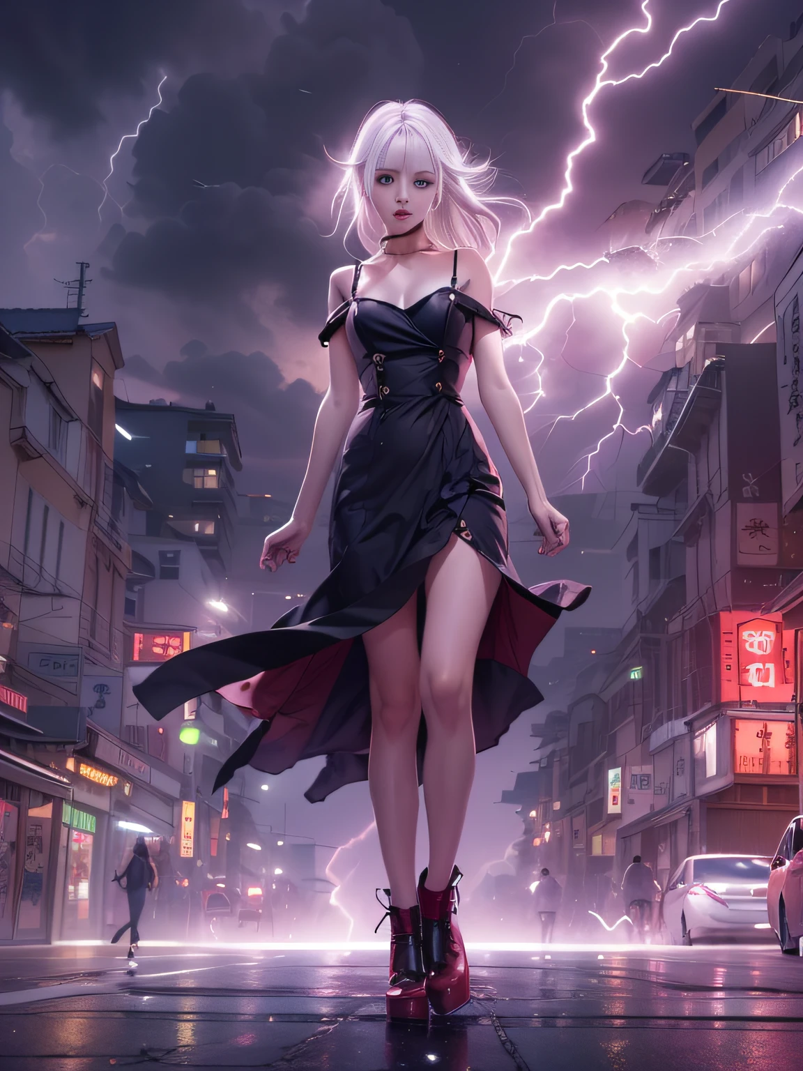 Black goth-rowley girl floating in the city with lightning,Gothloli albino girl floating in the city with one hand,Woman in black dress with red and black hair, Gothic Maiden girl, girl in black dress, 1 7 girl,Old Goth girl, an elegant gothic princess, artwork in the style of guweiz, in the art style of bowater, dreamy gothic girl, 8k high quality detailed art, gothic art style, wearing a gothic dress,closing,Wearing underwear,Red Eyes,Looking down,white hair,Wind,Head tilt,White hair, Silver hair, Long hair, Blunt bangs, Straight hair, Big hair, expressive hair, (Red eyes that glow intensely:1.8), Downward eyes, (Red Eyes:1.5),small tits,Thin leg,Crazy, Disappointed,wide Shots,wide angles,sideshot,3 views,,(Close up portrait of a person in a black dress flies over the city:1.7),People fleeing the busy streets of a city lined with shops々々々々々, busy street, Street crowded with people, photograph of the city street, japanese downtown, Traditional Cities of Japan, Busy streets,busy cityscape, bustling city, Crowded with people, Bustling streets in the moon, crowdedstreets, shutterstock, Bustling small town streets,bad weather、A huge amount of purple lightning came out of the girl's hand and hit the city,Dark clouds cover the city pierced by clouds of lightning, Lightning clouds, Atmospheric lightning, Pink lightning, With thunderstorms, Dark storm with lightning, Dramatic purple lightning, Lightning in the sky, Contrast Lightning, thunderstorm in the sky, Lightning in the background, With lightning, Stormy weather with lightning, Upper volumetriclightning,Effect of wearing purple aura,(Control a large number of lightning with open arms:1.4),Destroy the city with a girl's lightning attack,Called nose,Lightning effect on both hands,Countless balls glowing purple around the girl,goddess of lightning, Storm, Storm outside, She attracts a lot of purple lightning,