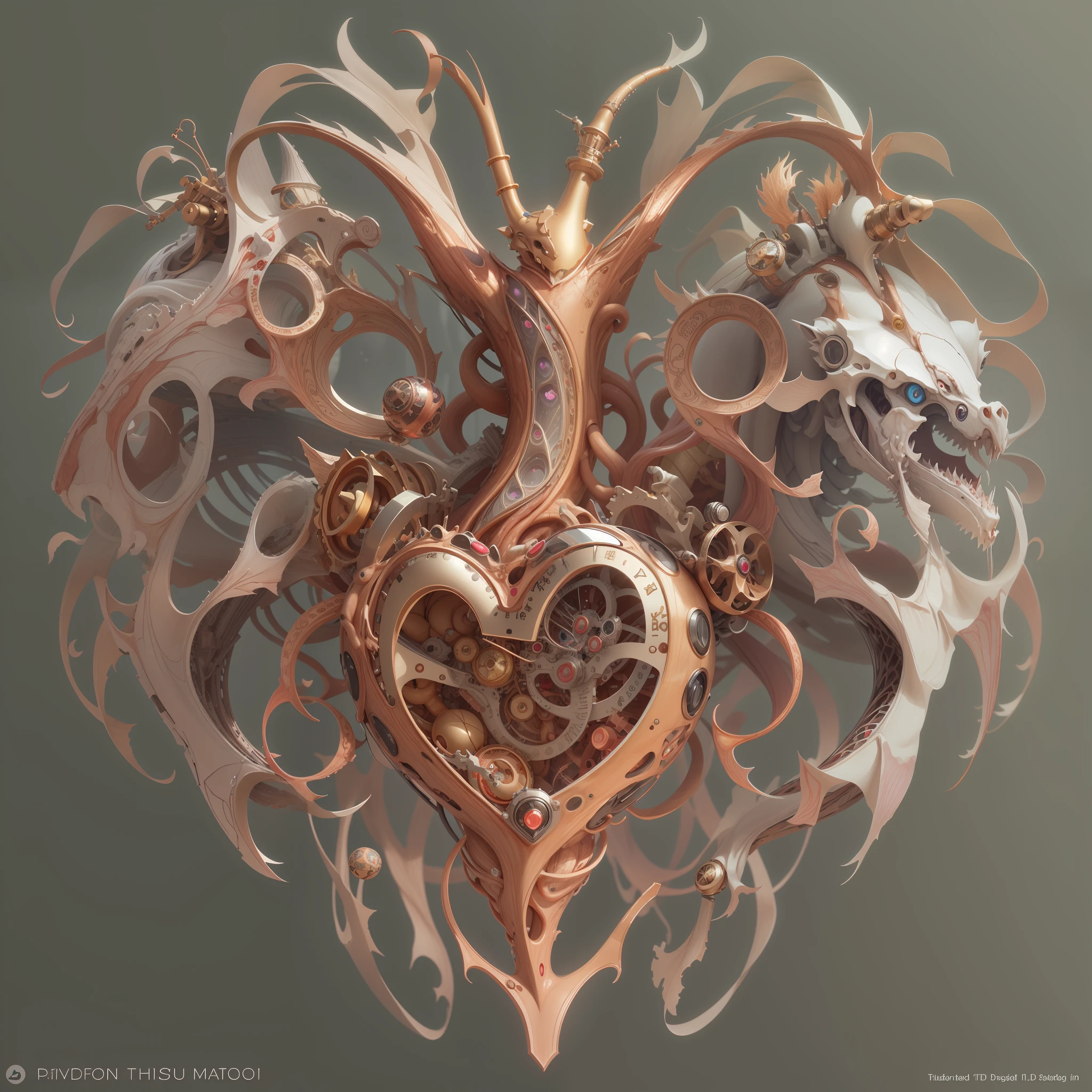 best qualtiy，tmasterpiece，超高分辨率，（realisticlying：1.4），absurderes，intriguing，High color saturation，3D ???????，Glow-emitting pulsating veins，sci-fy，3D mechanical biological heart， fanciful，Beautiful 3D human heart decoration design，human heart，hisui/Gold and Copper/The golden dragon/Mechanical dial/Embedded in the heart of a living creature，BioPunkAI