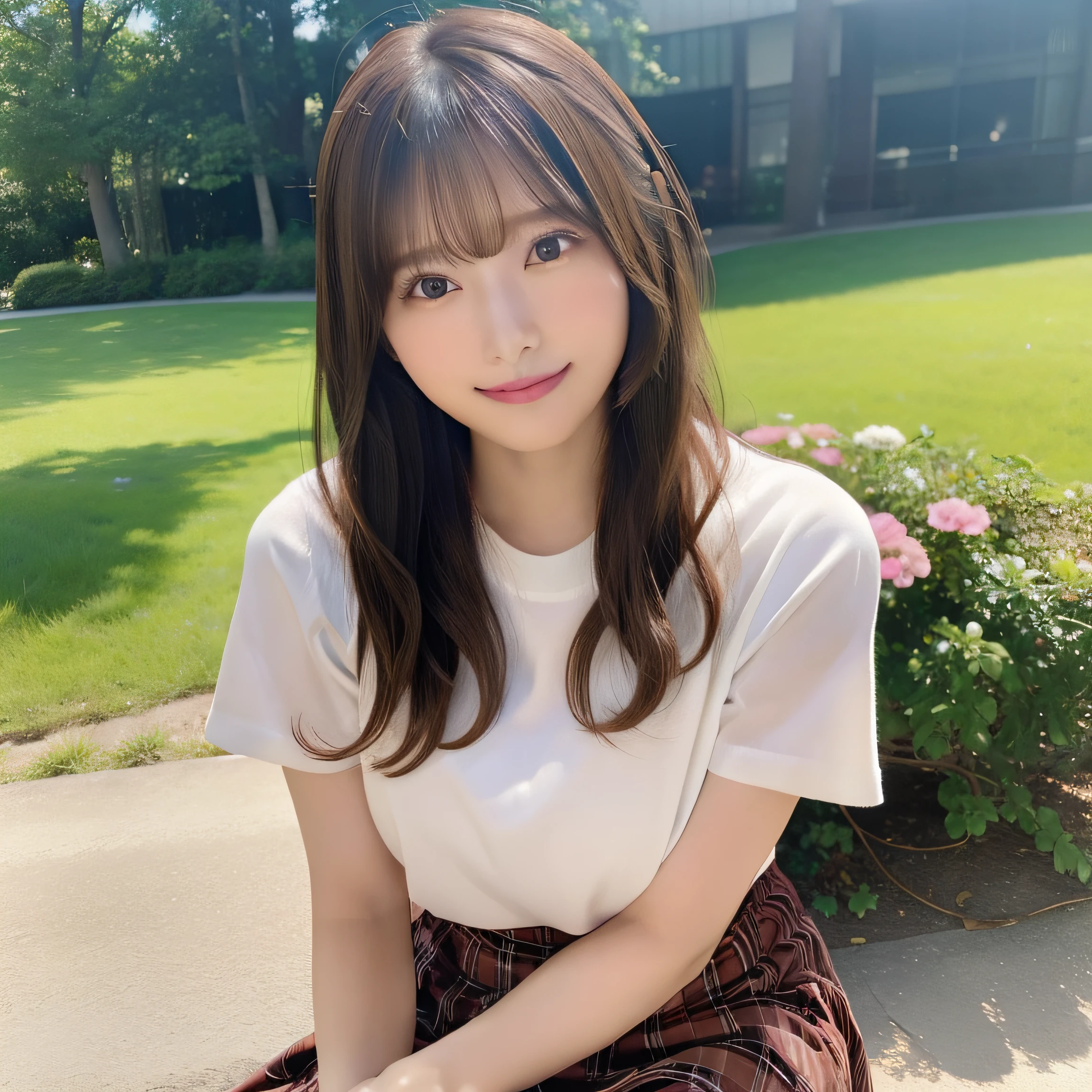 NSFW, 8k RAW photo, top-quality:1.1, masterpiece:1.3, 超A high resolution, film grains, filmg, 1girl, looking at the viewers, natural skin textures:1.1, realistic eyes and face details:1.1, Full lips, fluffy hair, Shy smile, ample breasts, The shirt, Beautiful natural places,full bodyesbian、Around the position of the flower, (细致背景), Plaid skirt, white shirt,(Brown medium hair,Bangs), (touch hair:1.4),nogizaka,beautiful legs:1.1,poneyTail