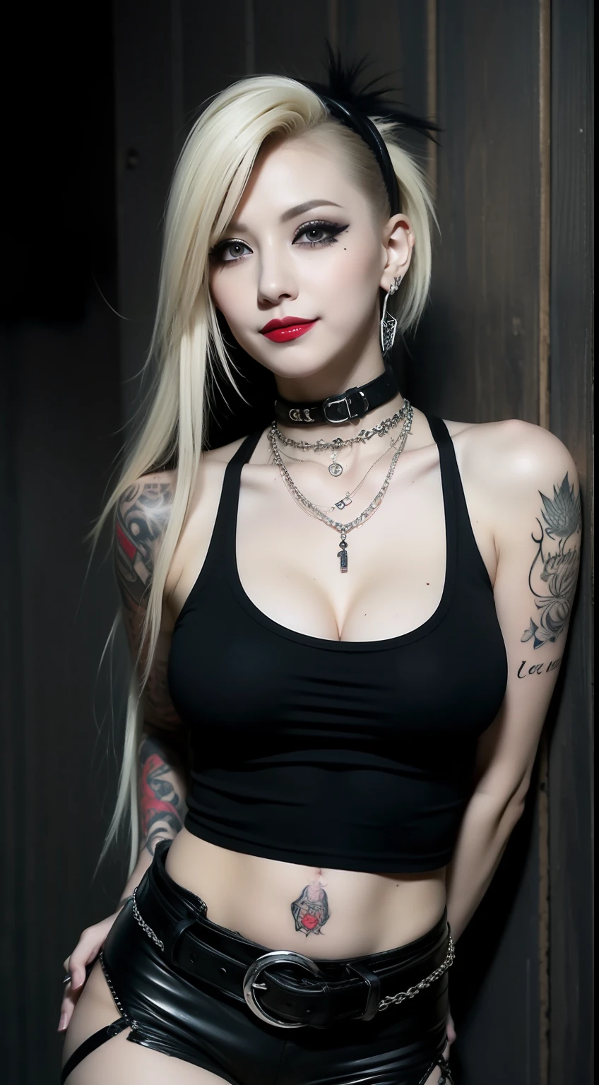 (masterpiece), best quality, expressive eyes, perfect face, black stocking, black tanktop little smile ,straddle, tight tanktop, necklace, earing, punk, rock, emo, long hair, full body, choker gothic metal,  tattoo, gothic metal, blonde hair, piercing, very big boobs, side boobs,