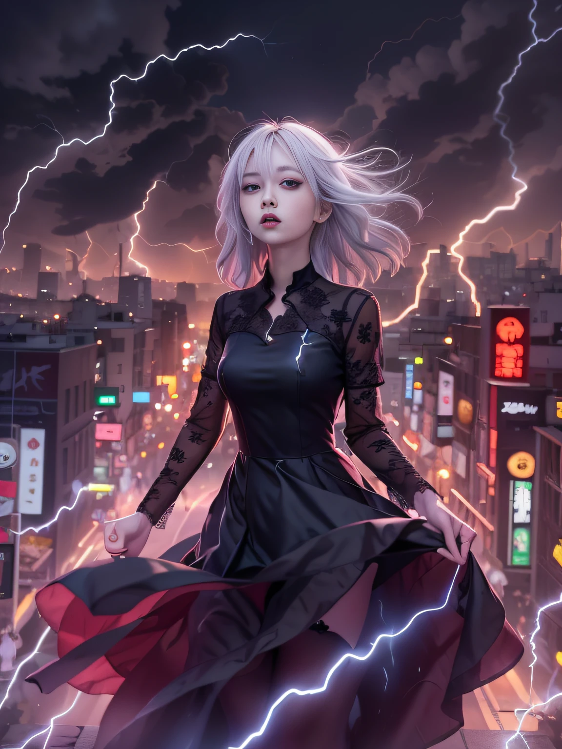 Black goth-rowley girl floating in the city with lightning,Gothloli albino girl floating in the city with one hand,Woman in black dress with red and black hair, Gothic Maiden girl, girl in black dress, 1 7 girl,Old Goth girl, an elegant gothic princess, artwork in the style of guweiz, in the art style of bowater, dreamy gothic girl, 8k high quality detailed art, gothic art style, wearing a gothic dress,closing,Wearing underwear,Red Eyes,Looking down,white hair,Wind,Head tilt,White hair, Silver hair, Long hair, Blunt bangs, Straight hair, Big hair, expressive hair, (Red eyes that glow intensely:1.8), Downward eyes, (Red Eyes:1.5),small tits,Thin leg,Crazy, Disappointed,wide Shots,wide angles,sideshot,3 views,,(Close up portrait of a person in a black dress flies over the city:1.7),People fleeing the busy streets of a city lined with shops々々々々々, busy street, Street crowded with people, photograph of the city street, japanese downtown, Traditional Cities of Japan, Busy streets,busy cityscape, bustling city, Crowded with people, Bustling streets in the moon, crowdedstreets, shutterstock, Bustling small town streets,bad weather、A huge amount of purple lightning came out of the girl's hand and hit the city,Dark clouds cover the city pierced by clouds of lightning, Lightning clouds, Atmospheric lightning, Pink lightning, With thunderstorms, Dark storm with lightning, Dramatic purple lightning, Lightning in the sky, Contrast Lightning, thunderstorm in the sky, Lightning in the background, With lightning, Stormy weather with lightning, Upper volumetriclightning,Effect of wearing purple aura,(Control a large number of lightning with open arms:1.4),Destroy the city with a girl's lightning attack,Called nose,Lightning effect on both hands,Countless balls glowing purple around the girl,goddess of lightning, Storm, Storm outside, She attracts a lot of purple lightning,