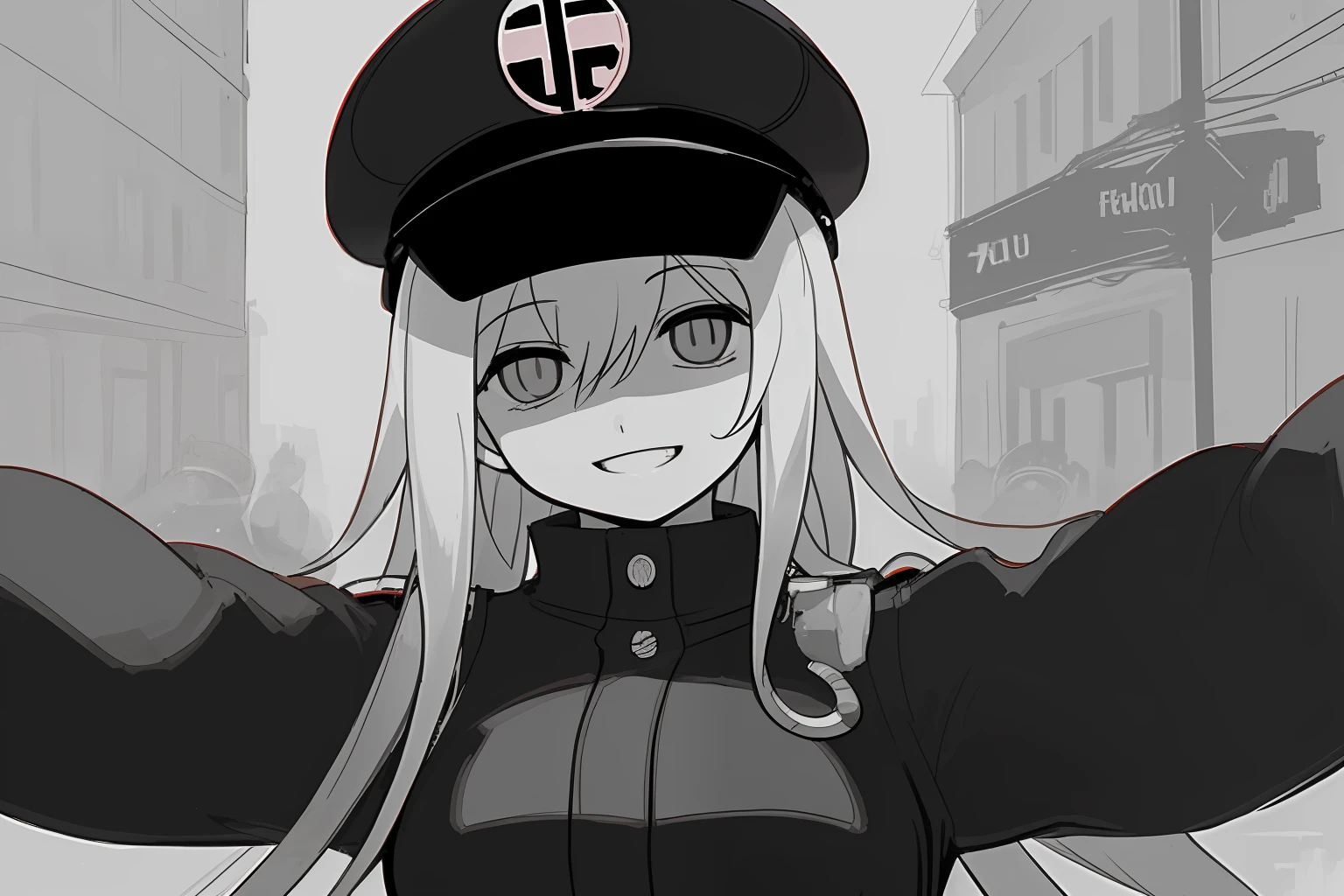 city street,
beautiful (facism With fascist clothes and fascist hat sadistic smilegirl:1.2), opened mouth, headshot
BREAK
lowres, pixelated, limited palette, dithered shading
