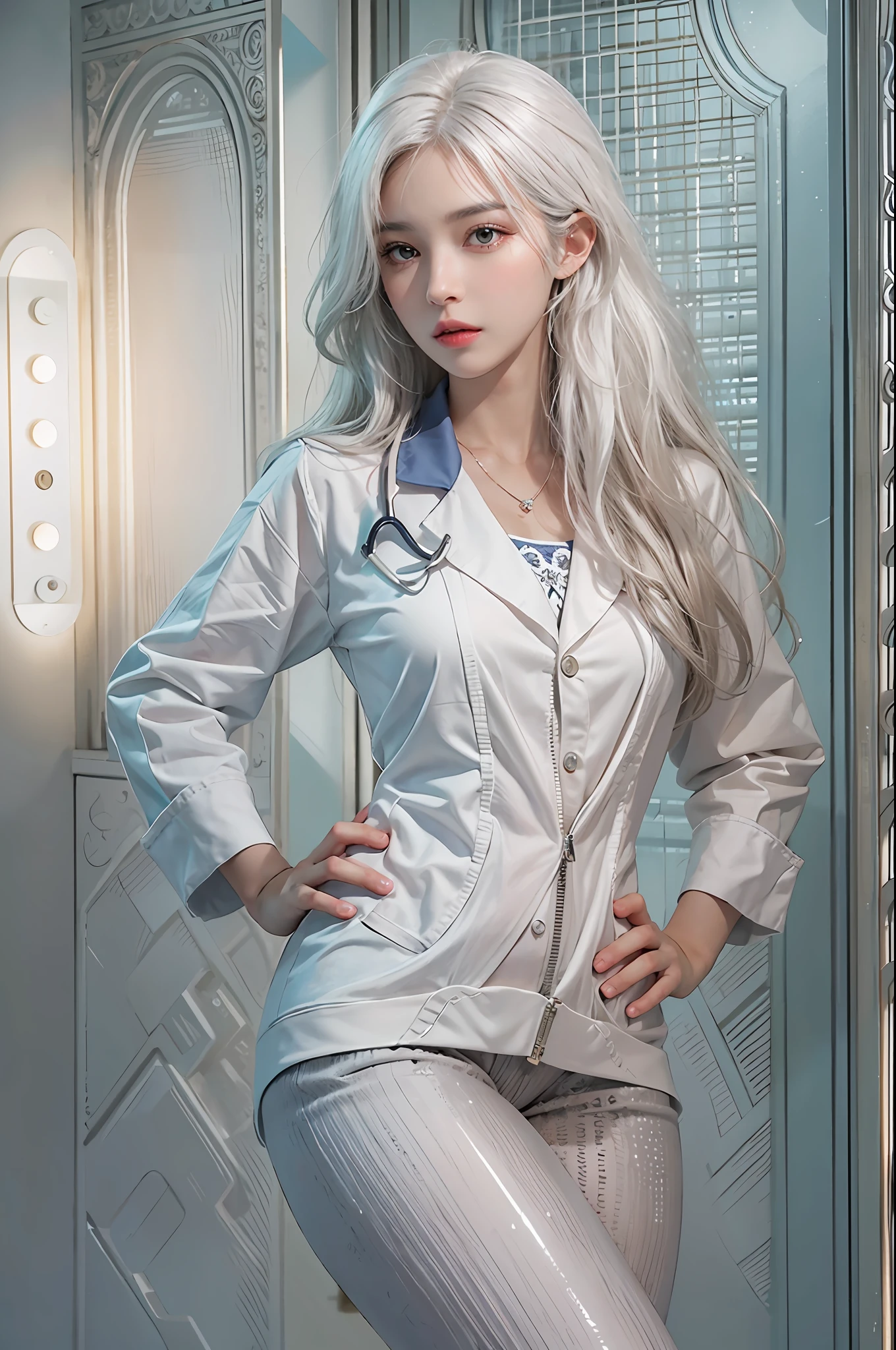 photorealistic, high resolution, soft lights, 1women, shiny skin, finely detailed skin, solo, hips up, look at viewer, (detailed face), white hair, long hair, doctor outfit