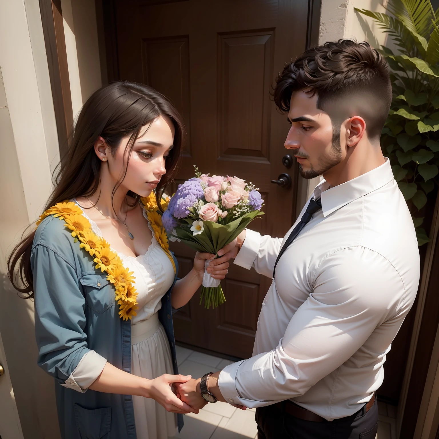 Homem dando flores para sua esposa