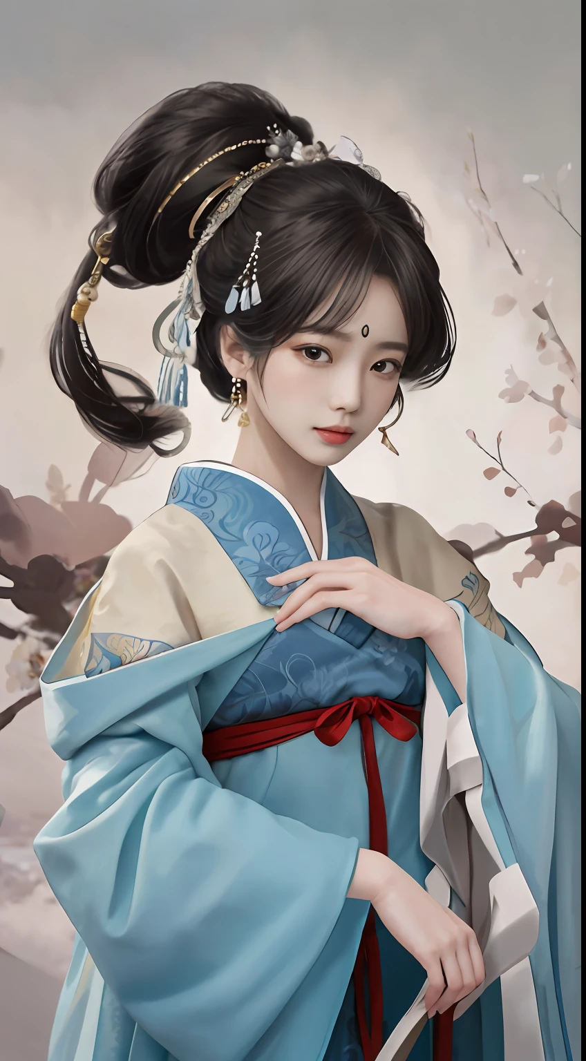 An ancient Chinese beauty standing by the river,中景 the scene is,Wearing ancient Chinese clothing,Flowing tulle silk,(Detailed and perfect facial details),(Beautiful and affectionate eyes),Flowing silky hair,Pavilion,the trees,Flying birds,The vista is mountains,(Ink painting style),Clean colors,Decisive cut,Leave white space,impressionistic,tmasterpiece,(8k wallpaper),(Extremely meticulous and perfectly detailed painting),Epic composition,high high quality,HighestQuali,Master works of painting,realisticlying,Inspired by:《Suzhou Garden》,Ray rendition