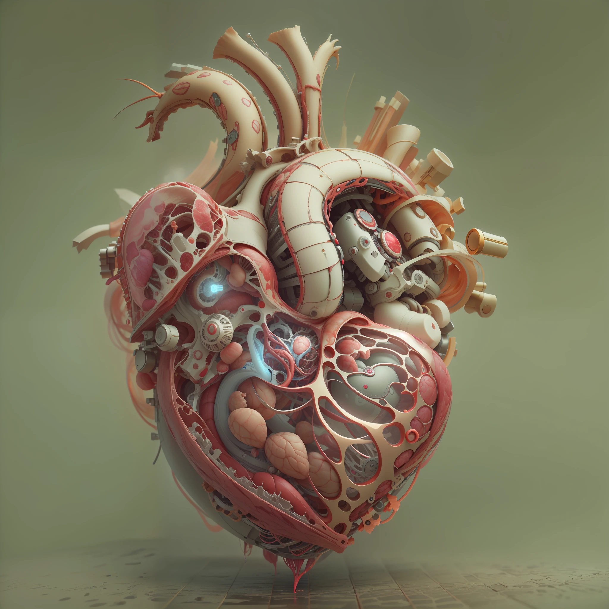 best qualtiy,tmasterpiece,超高分辨率,(realisticlying:1.4),absurderes,intriguing,High color saturation,1 heart,3D Anatomy,Glow-emitting pulsating veins,sci-fy,3D mechanical biological heart, fanciful,Beautiful 3D human heart decoration design,hisui/Gold and Copper/The golden dragon/Mechanical dial/Embedded in the heart of a living creature,BioPunkAI
