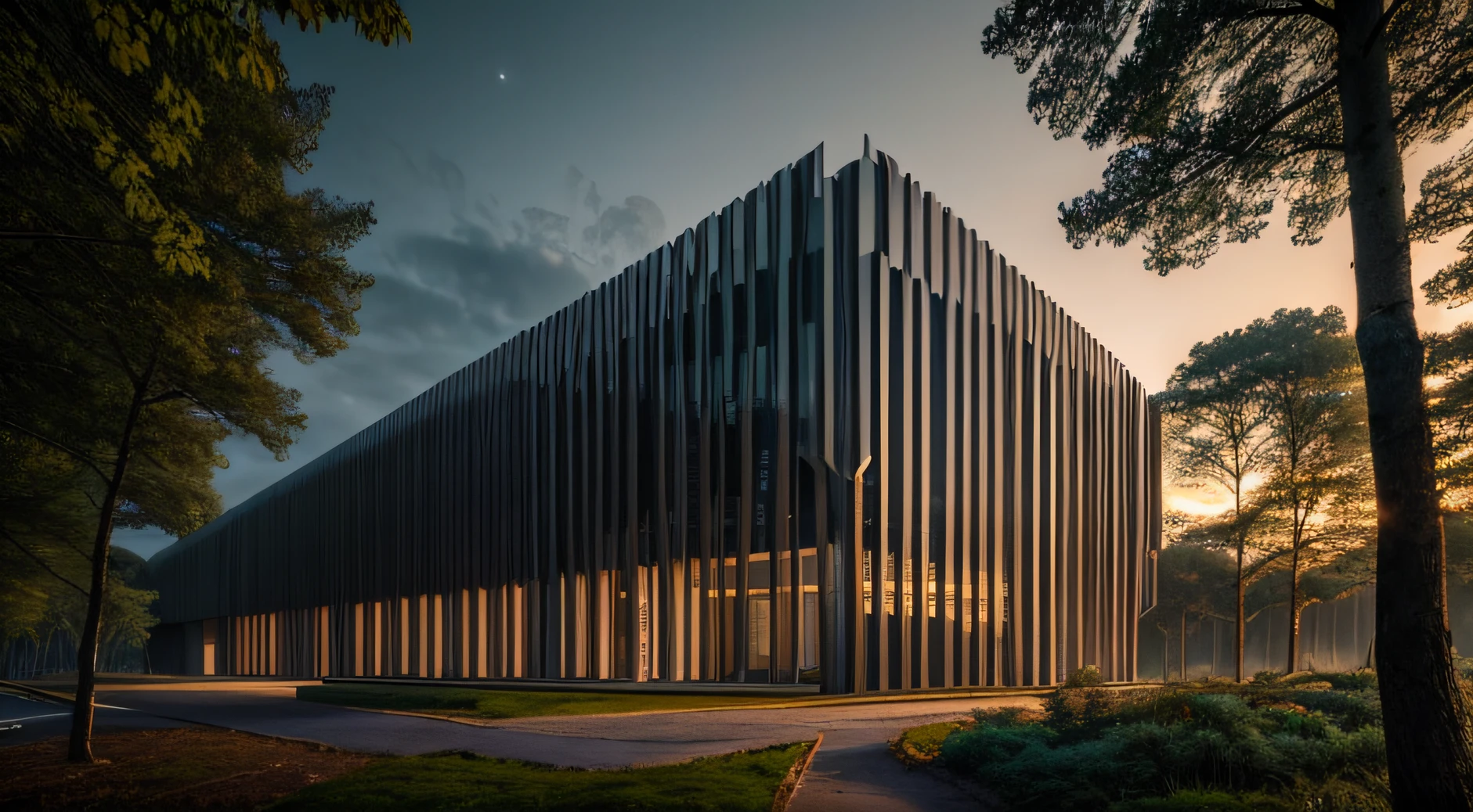 nature, epic futuristic building in the center, dark, fade, warm, glow at night, raw, hdr, (forest:1.3), cinematic, slate grey, dramatic light, architecture