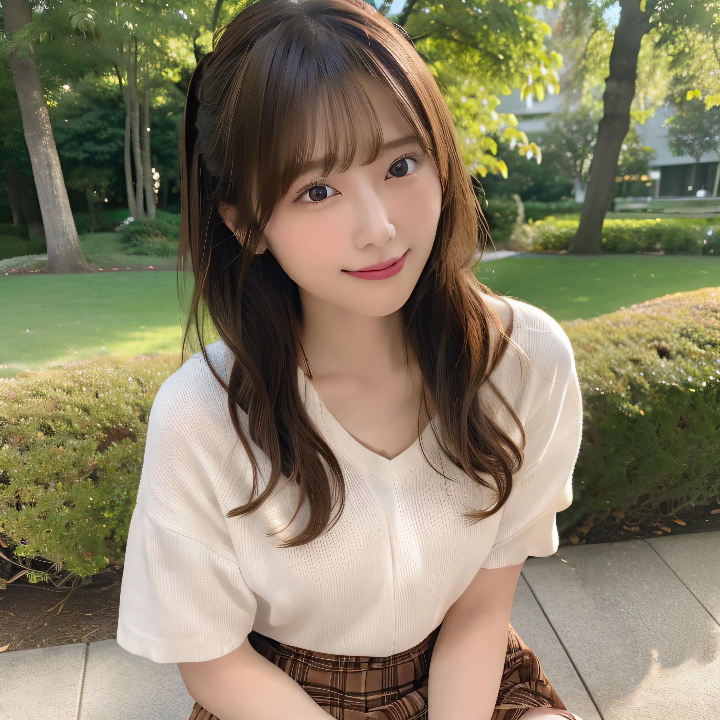 NSFW, 8k RAW photo, top-quality:1.1, masterpiece:1.3, 超A high resolution, film grains, filmg, 1girl, looking at the viewers, natural skin textures:1.1, realistic eyes and face details:1.1, Full lips, fluffy hair, Shy smile, ample breasts, The shirt, Beautiful natural places,full bodyesbian、Around the position of the flower, (细致背景), Plaid skirt, white shirt,(Brown medium hair,Bangs), (touch hair:1.4),nogizaka,beautiful legs:1.1,poneyTail