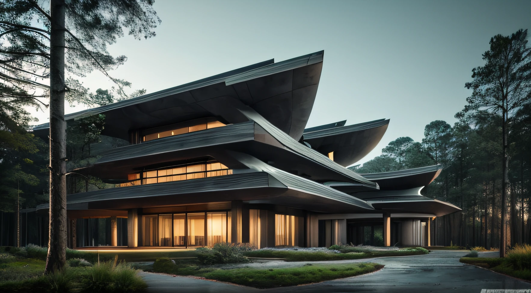 nature, epic futuristic building in the center, dark, fade, warm, glow at night, raw, hdr, (forest:1.3), cinematic, slate grey, dramatic light, architecture