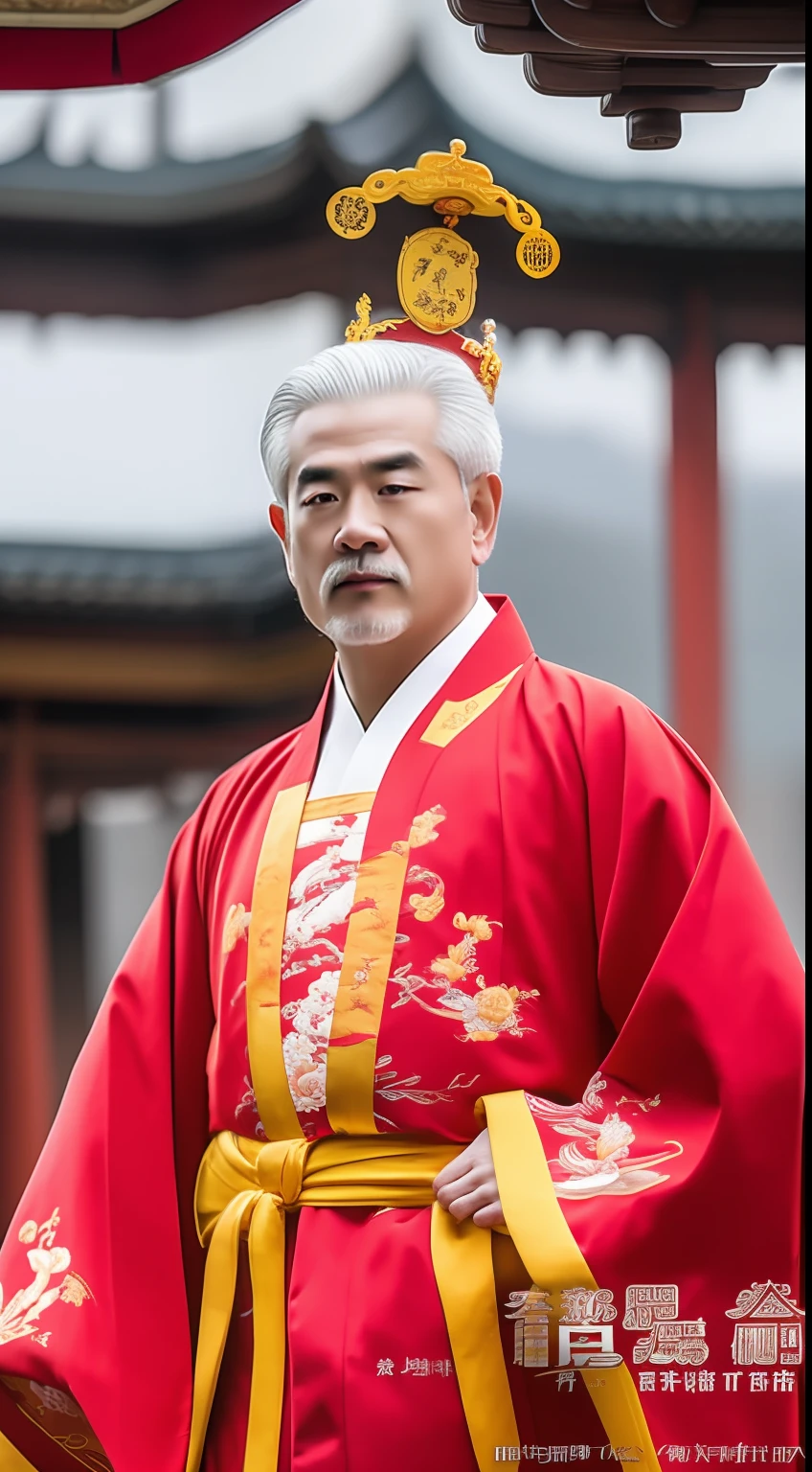 Masterpiece, Highest quality, (solofocus),, (High detail: 1.1),dojo,Red and yellow robes,The male, Man, chinese crown, 1人,and white hair,超高分辨率 , Detailed background, realisticlying, wearing a detailed and intricate xianxia antique outfit