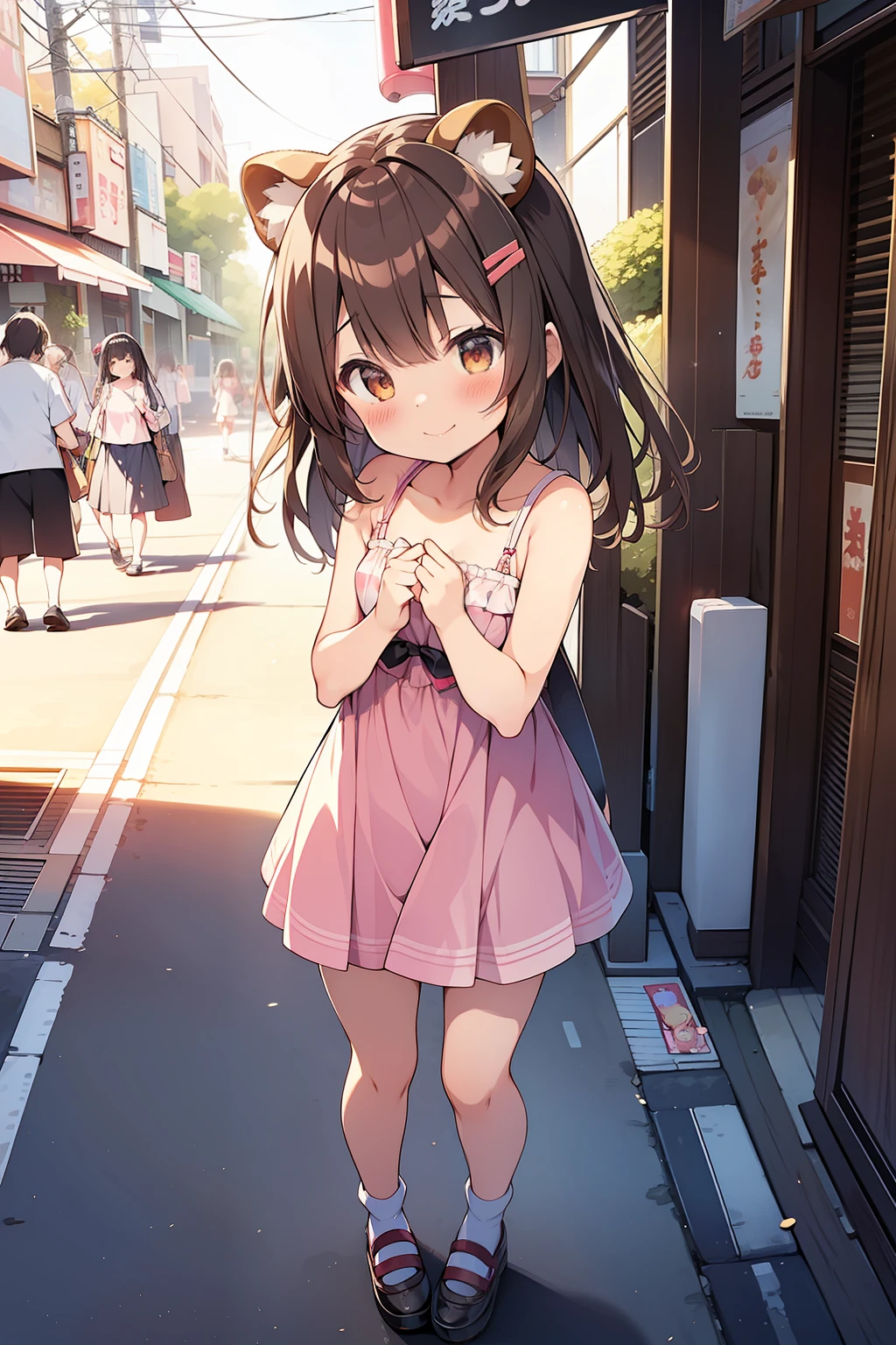 tanuki girl, loli tanuki, kawaii, on a streets of tokyo, sunset, sunbeams, magical lighting, akihabara, in cute short dress, undies visible, panties visible, smiling, blushing, shy pose, kawaii outfit, beautiful hair, looking away