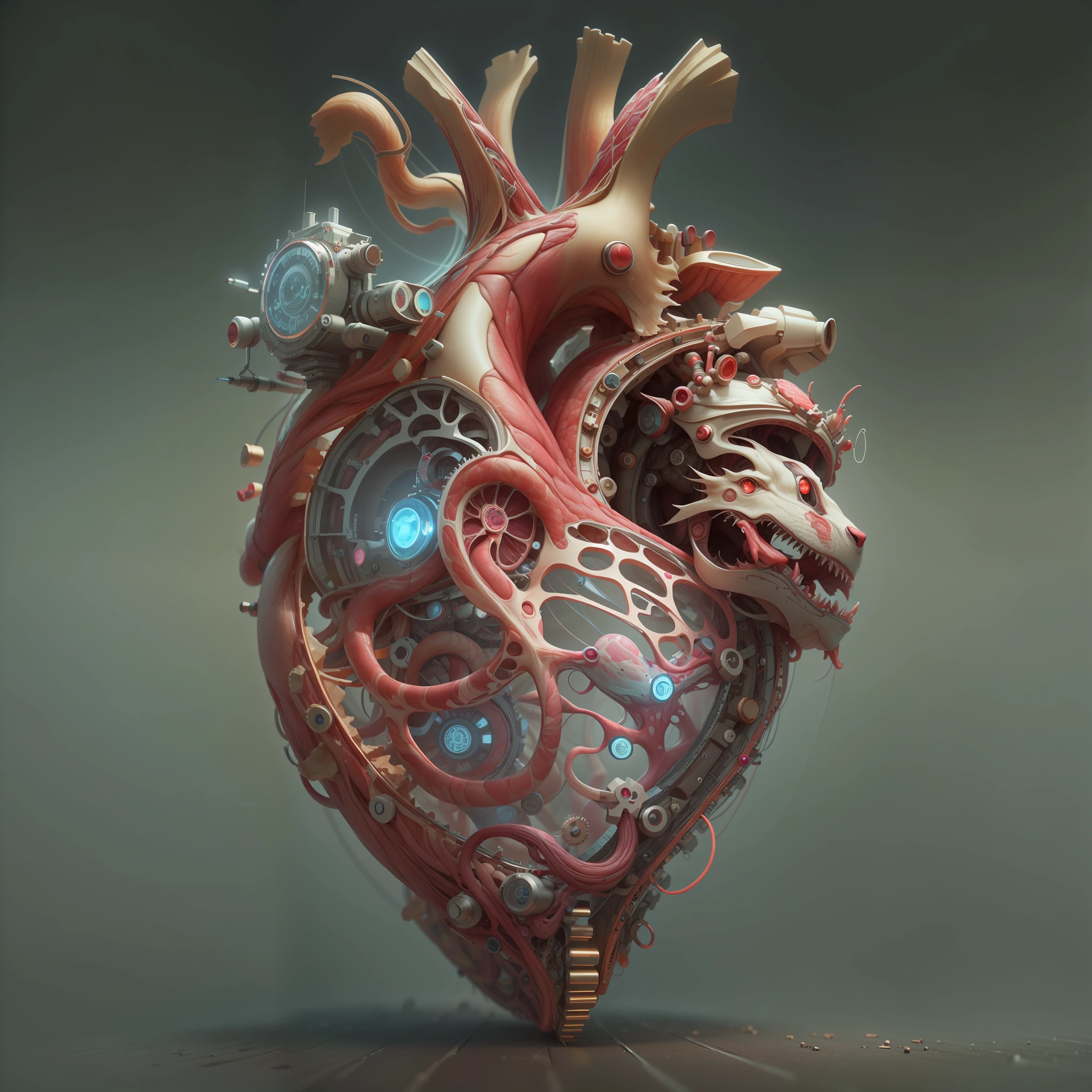 best qualtiy，tmasterpiece，超高分辨率，（realisticlying：1.4），absurderes，intriguing，High color saturation，1 heart，3D Anatomy，Glow-emitting pulsating veins，sci-fy，3D mechanical biological heart， fanciful，Beautiful 3D human heart decoration design，hisui/Gold and Copper/The golden dragon/Mechanical dial/Embedded in the heart of a living creature，BioPunkAI
