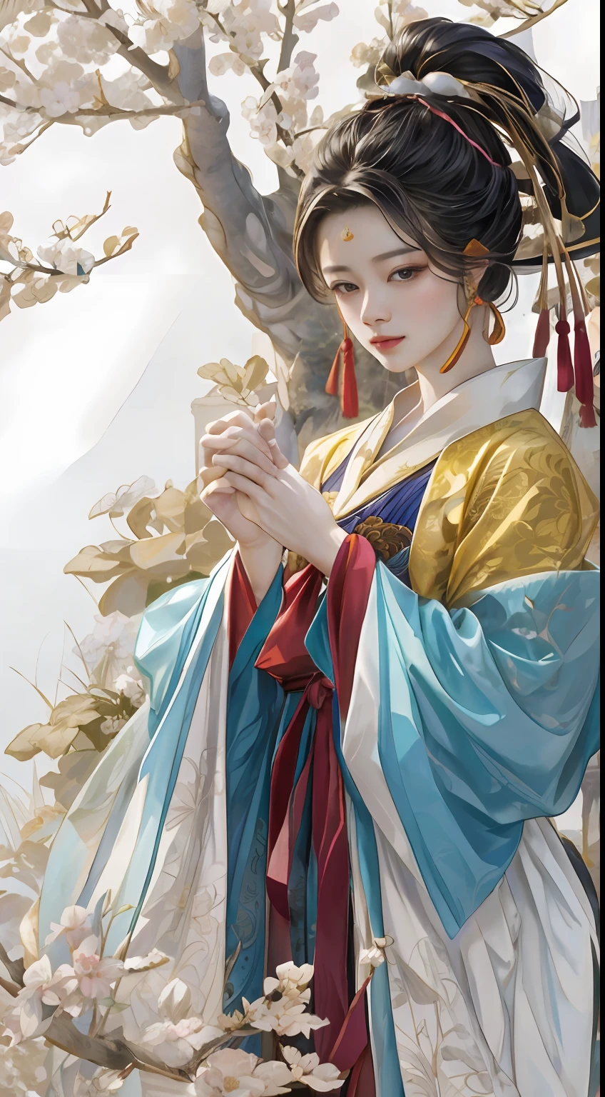An ancient Chinese beauty standing by the river,中景 the scene is,Wearing ancient Chinese clothing,Flowing tulle silk,(Detailed and perfect facial details),(Beautiful and affectionate eyes),Flowing silky hair,Pavilion,the trees,Flying birds,The vista is mountains,(Ink painting style),Clean colors,Decisive cut,Leave white space,impressionistic,tmasterpiece,(8k wallpaper),(Extremely meticulous and perfectly detailed painting),Epic composition,high high quality,HighestQuali,Master works of painting,realisticlying,Inspired by:《Suzhou Garden》,Ray rendition