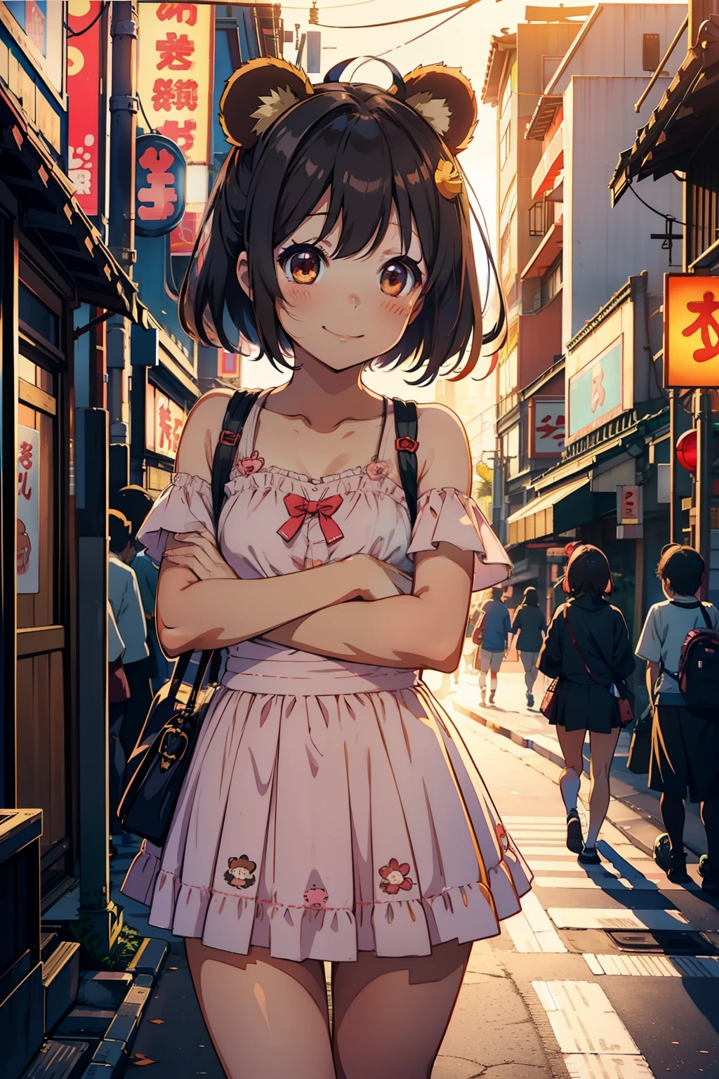 tanuki girl, loli tanuki, kawaii, on a streets of tokyo, sunset, sunbeams, magical lighting, akihabara, in cute short dress, undies visible, panties visible, smiling, blushing, shy pose, kawaii outfit, beautiful hair, looking away