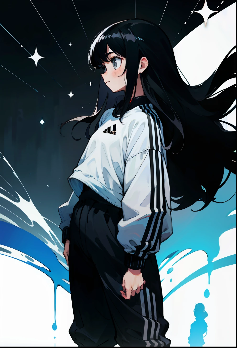 Black hair, 1Girl, Adidas Clothing, stand up, Long-haired,