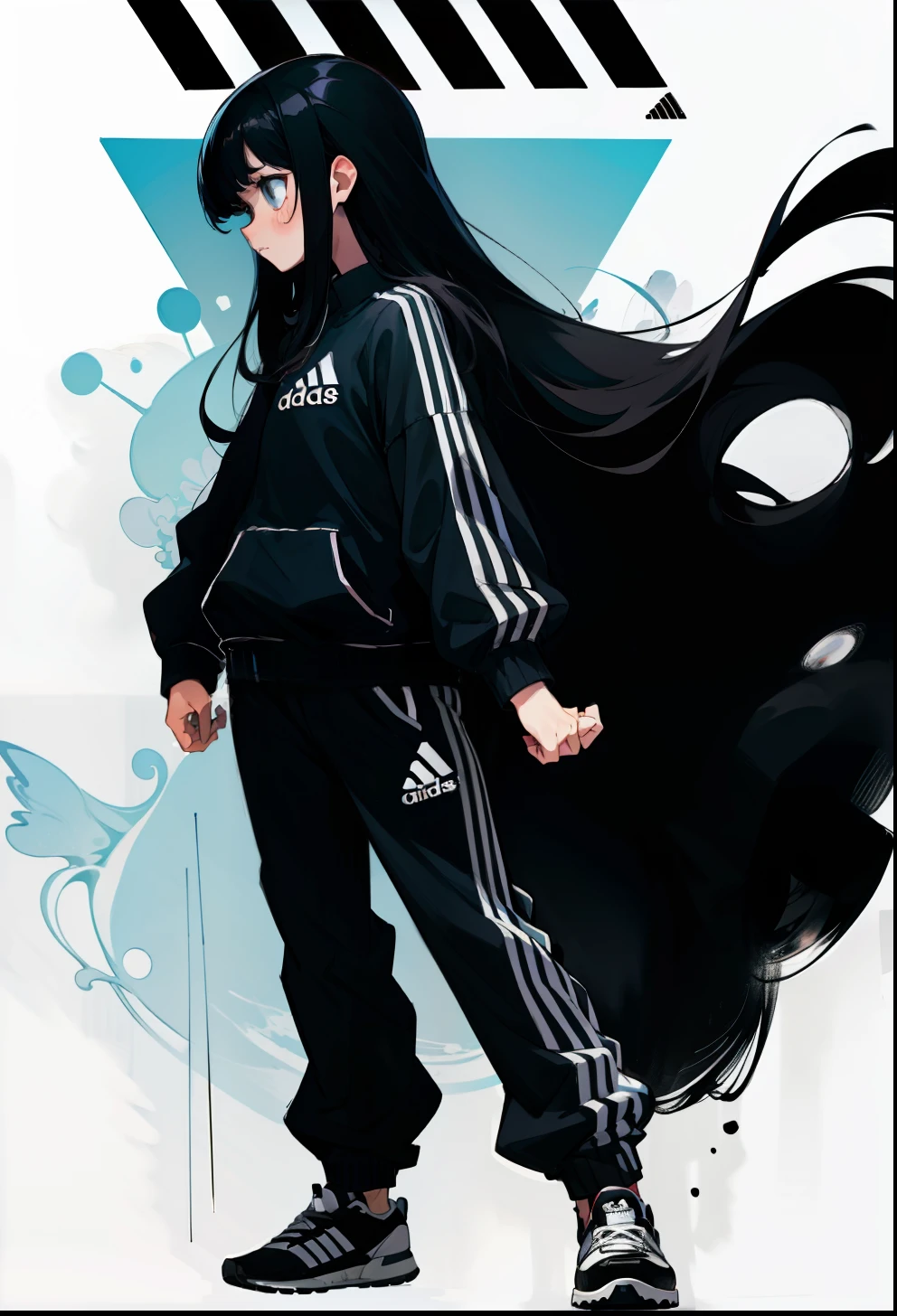 Black hair, 1Girl, Adidas Clothing, stand up, Long-haired,