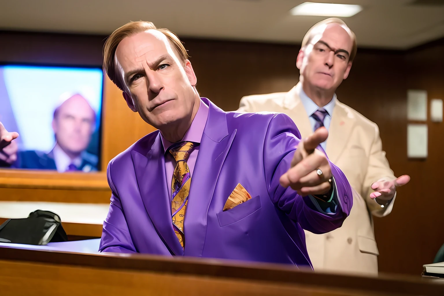(8k, RAW photo, best quality, masterpiece:1.2), (realistic, photo-realistic:1.37), man, Saul, purple suit , ( pointing forefinger at viewer:1.3), confident, in court,