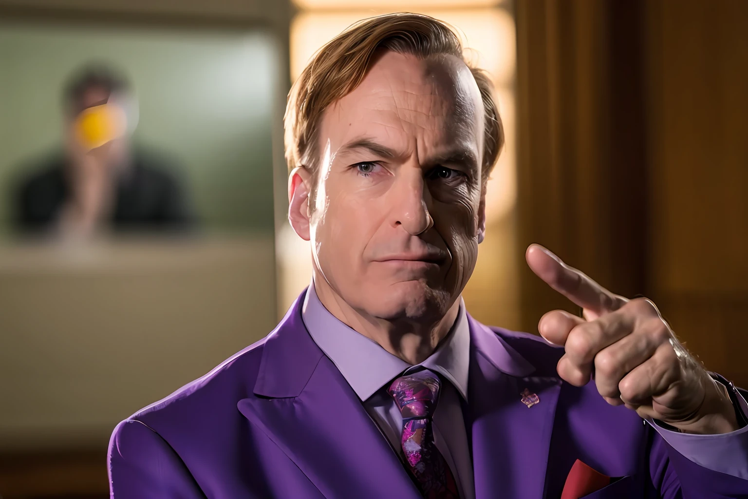 (8k, RAW photo, best quality, masterpiece:1.2), (realistic, photo-realistic:1.37), man, Saul, purple suit , ( pointing forefinger at viewer:1.3), confident, in court,