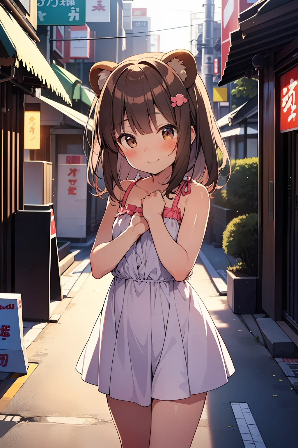 tanuki girl, **** tanuki, kawaii, on a streets of tokyo, sunset, sunbeams, magical lighting, akihabara, in cute short dress, undies visible, panties visible, smiling, blushing, shy pose, kawaii outfit, beautiful hair, looking away