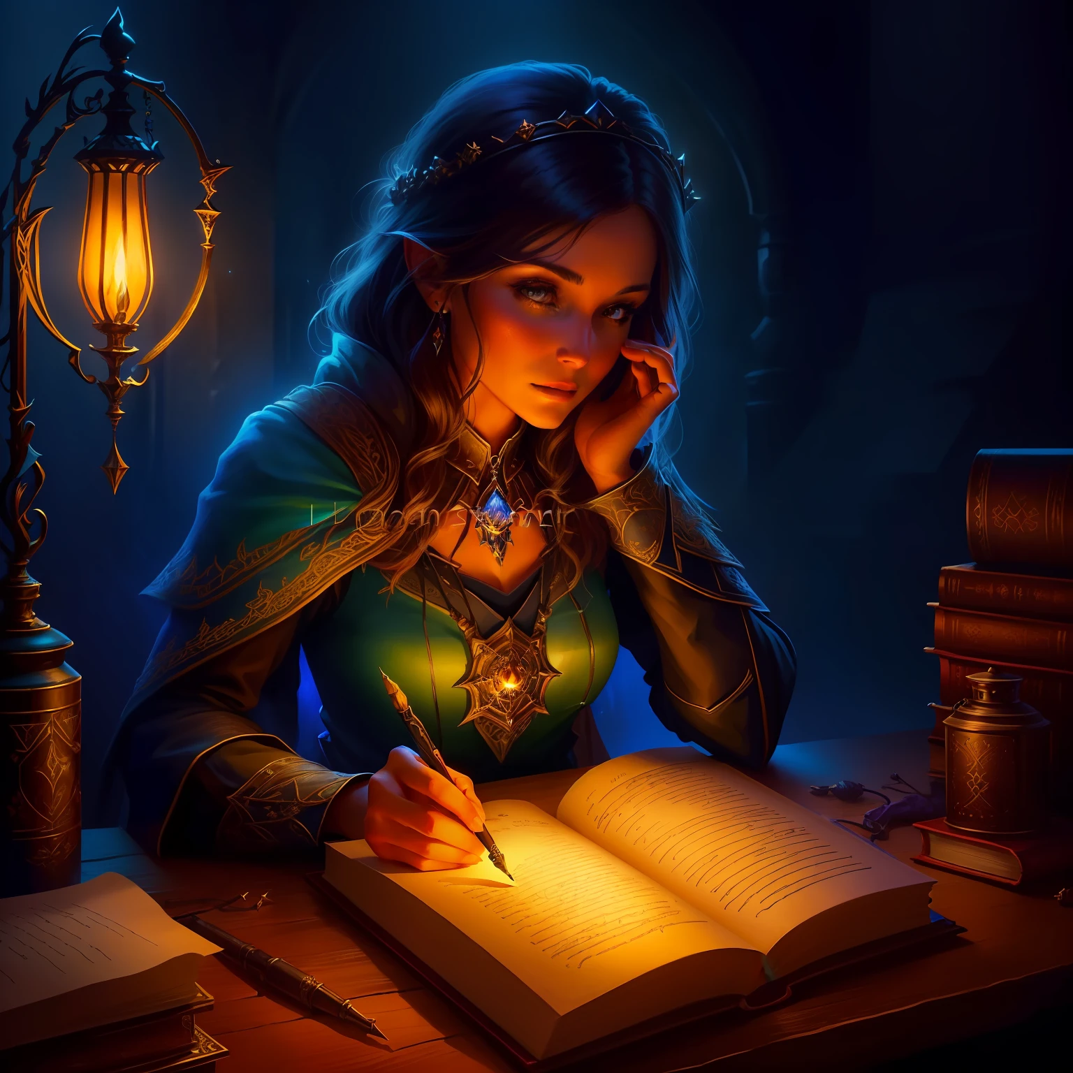 A woman writes a letter in a dark room with a lamp, fantasy rpg book illustration, roleplaying game art, RPG Book Portrait, fantasy book illustration, Fantasy genre portrait, Scientific Fantasy Painting, realistic fantasy illustration, spell casting, dnd fantasy digital art, Fantasy picture of the cover of the book, fantasy art behance, Fantasy digital painting, D & D Fantasy Digital Painting