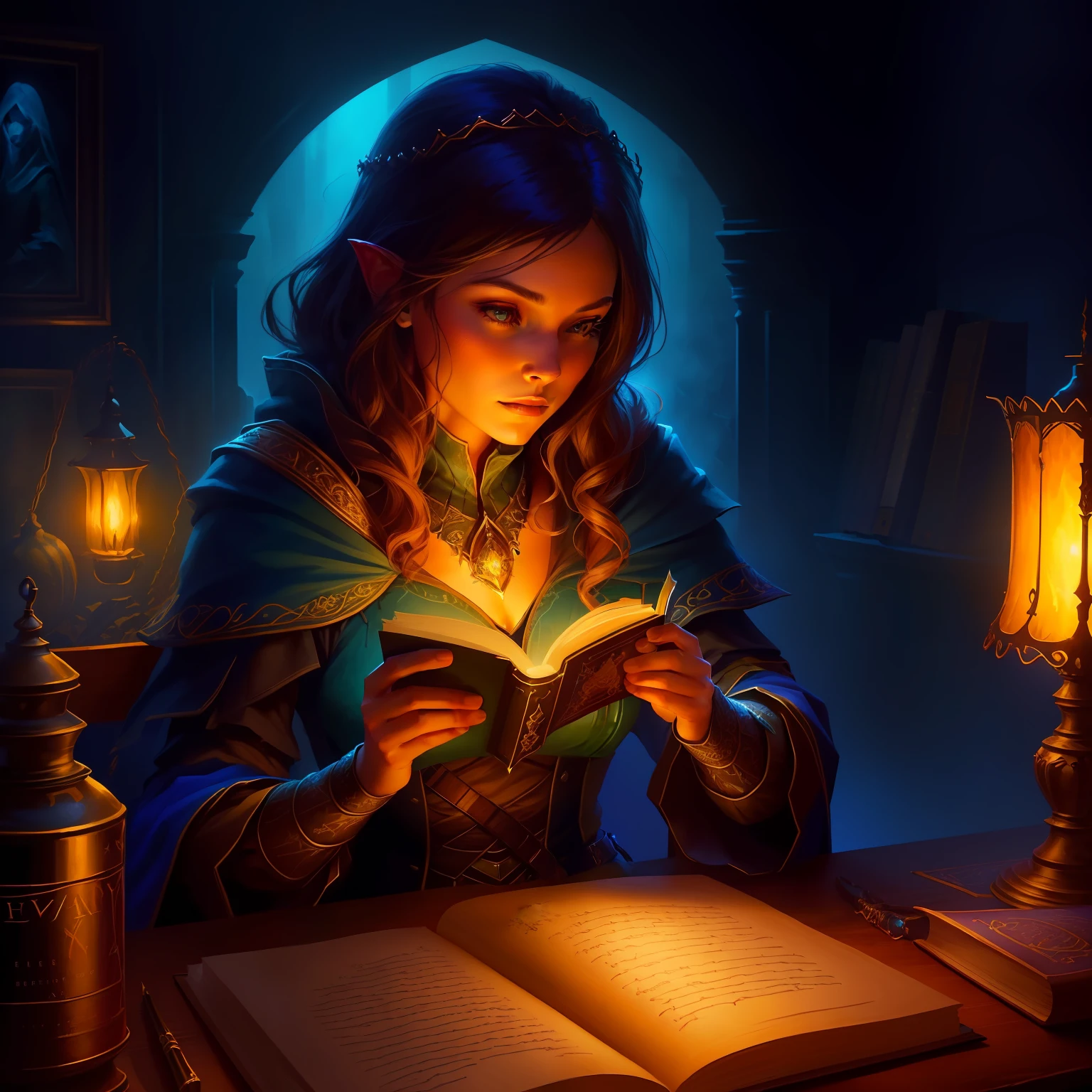 A woman writes a letter in a dark room with a lamp, fantasy rpg book illustration, roleplaying game art, RPG Book Portrait, fantasy book illustration, Fantasy genre portrait, Scientific Fantasy Painting, realistic fantasy illustration, spell casting, dnd fantasy digital art, Fantasy picture of the cover of the book, fantasy art behance, Fantasy digital painting, D & D Fantasy Digital Painting
