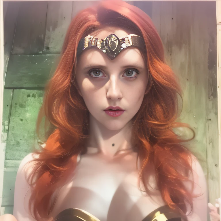 A watercolor and pencil drawing of a standing girl dressed as Wonder Woman with wavy dark red hair, (LiliArt), 32 anos, atraente deslumbrante, corpo inteiro, corpo proporcional, sexy, atraente deslumbrante, delicate lips, rosy lips, symmetric eyes, olhos cor de mel, Frown lines on the face, rosto bonito, rosto sexy, Realistic facial features, (poros da pele:1.1), pele texturizada, analogue, grain of film, rosto detalhado, corpo proporcional, corpo magro em forma, corpo sexy, alta resolução, studio lighting, detalhes complexos, hiperdetalhado , magnifica, elegante