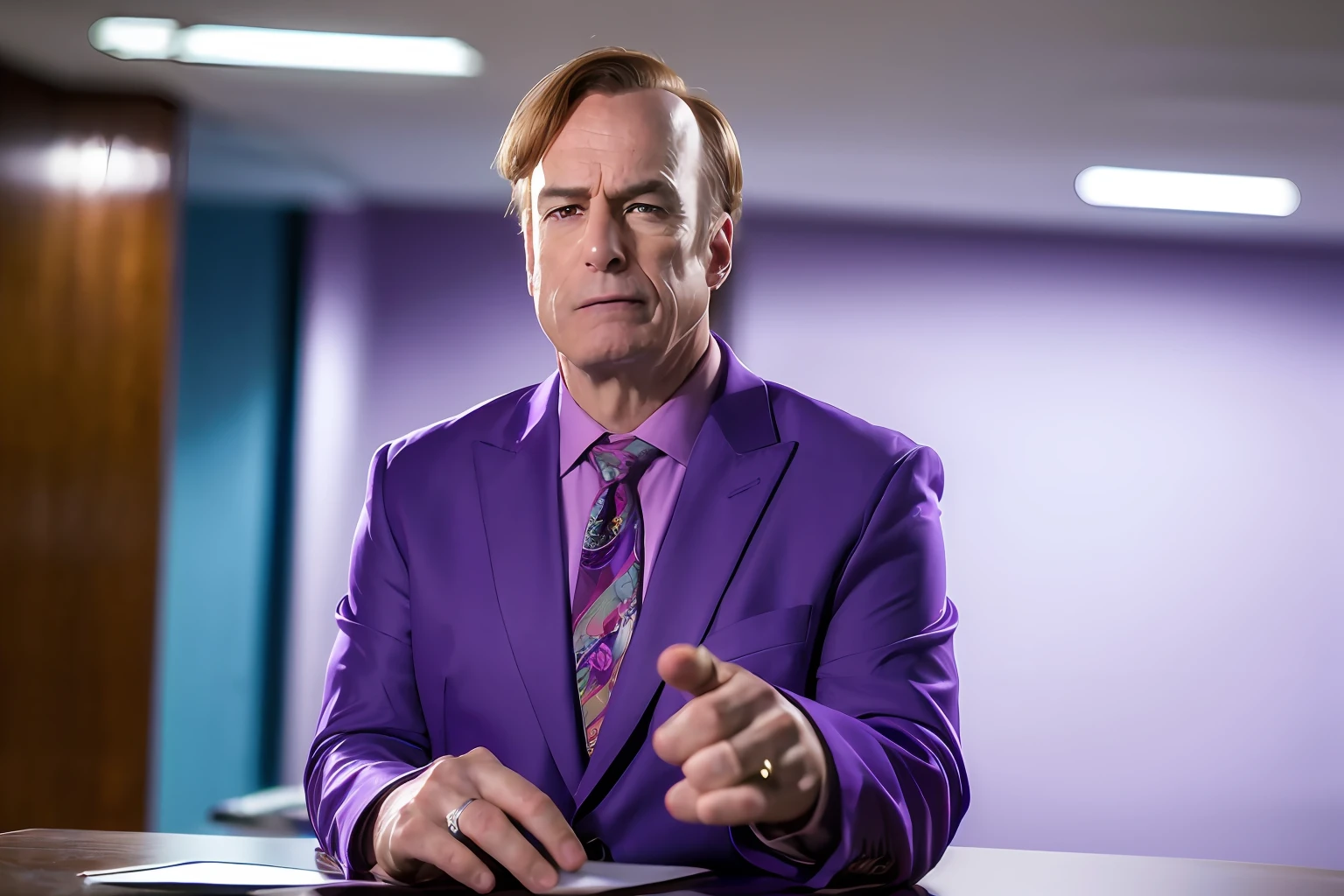 (8k, RAW photo, best quality, masterpiece:1.2), (realistic, photo-realistic:1.37), man, Saul, purple suit , ( pointing forefinger at viewer:1.3), confident, in court,