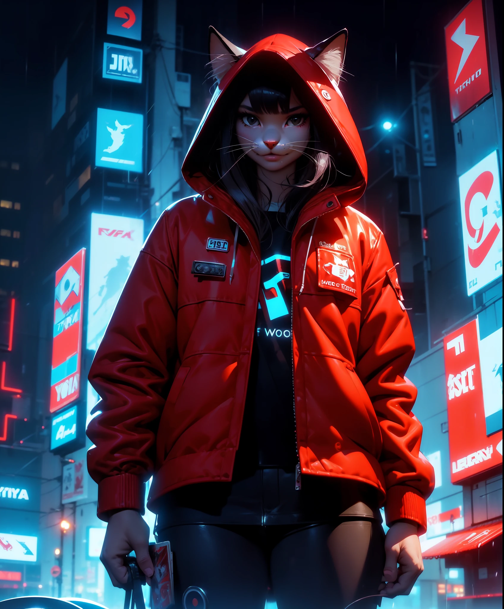 solo, cat ears, (furry:1.5), (cowboy shot:1.5), hoodie, standing, from below, (red jacket:1.35), 
cyberpunk, neon, digital signage, CyberpunkAI, rain, parted lips, cat, looking at viewer, smile, 
bokeh, depth of field, film grain, rim light, intricate detailed background, outdoor, city, alley, stairway, garbage, trash, 
((masterpiece)), best quality, absurdres, photo-realistic, a beautiful Japanese woman, (perfect detailed face), detailed eyes, wet black hair, bangs,