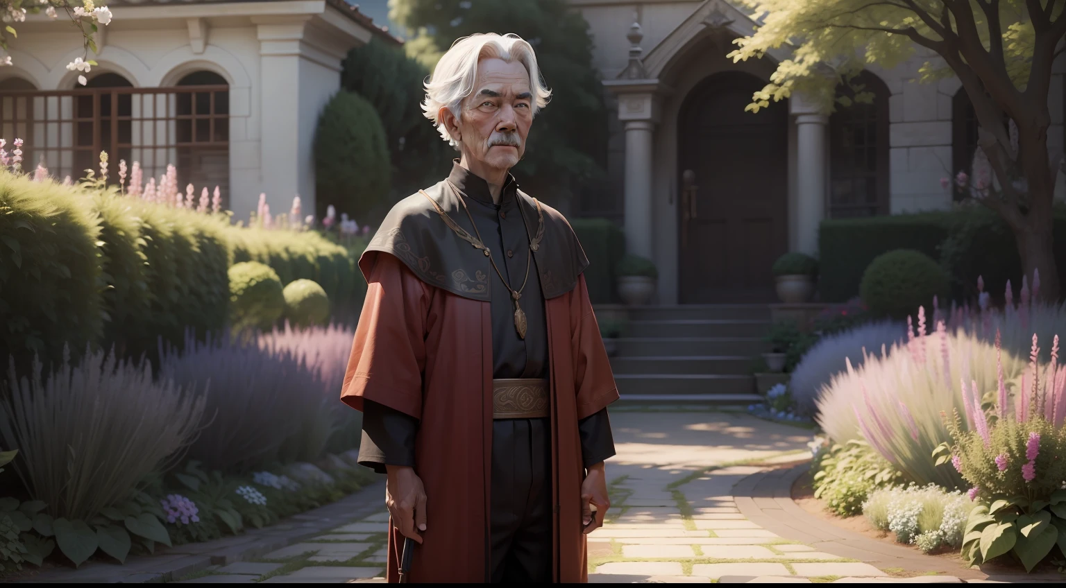 Wise young and old boy in a realistic 4k garden