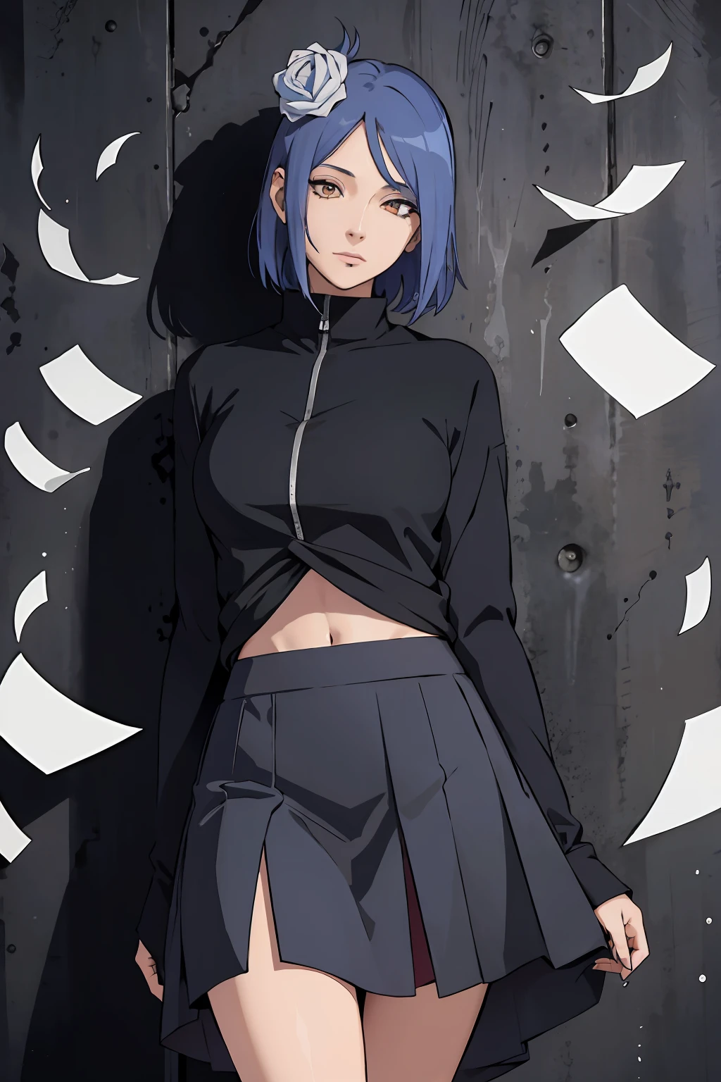 (melhor qualidade), (obra-prima), (ultra-detalhado: 1.2), (fotorrealista: 1.1), (alto), 1******,(injury:1.1),(sangue:1.1), Konan \(Naruto\), (biquini akatsuki:1.1), Piercing labret, (Papel:1.2), ripples, rodopiando, rainbowart, corpo inteiro, sexy, corpo perfeito, sexy detalhes, skirt