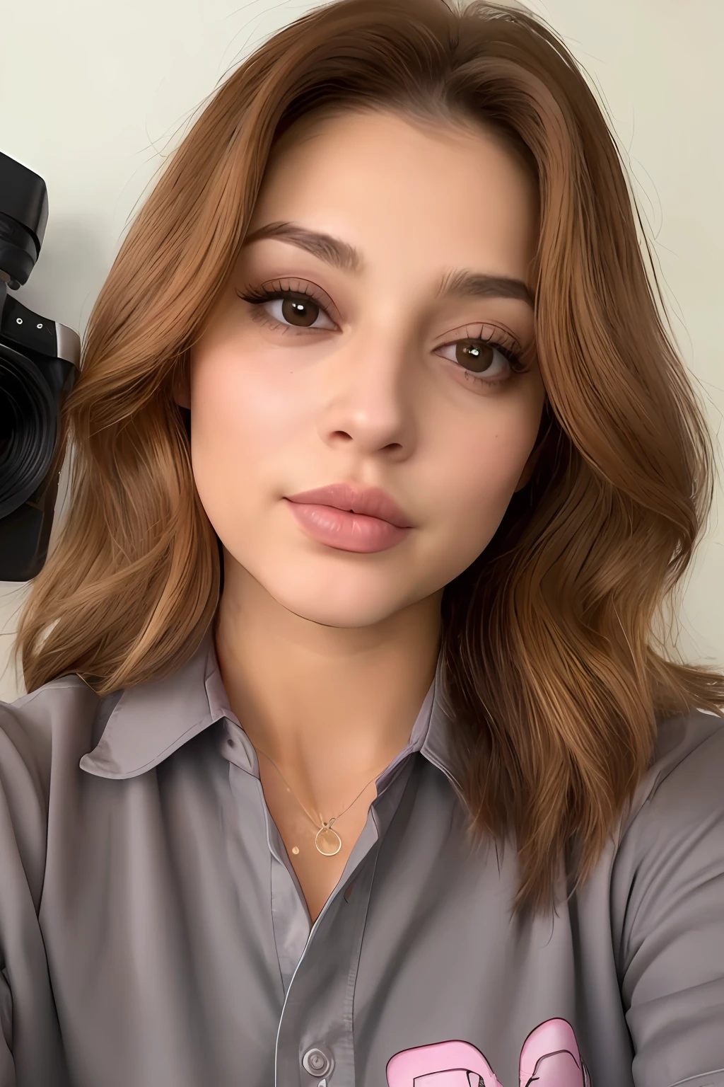 Uma mulher de 25 anos, medium hair in honey color, olhos castanhos esverdeados, pele branca, com uma pinta na testa, small pink and slightly thick lips, wearing a grey shirt and holding a camera