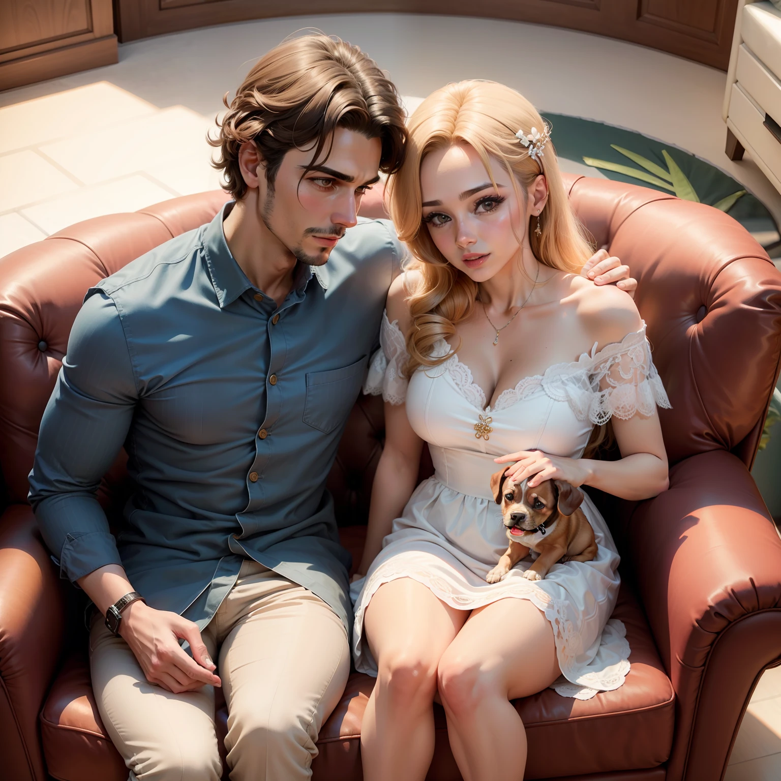 Casal bem vestidos sentados no sofa com seu cachorro goldem