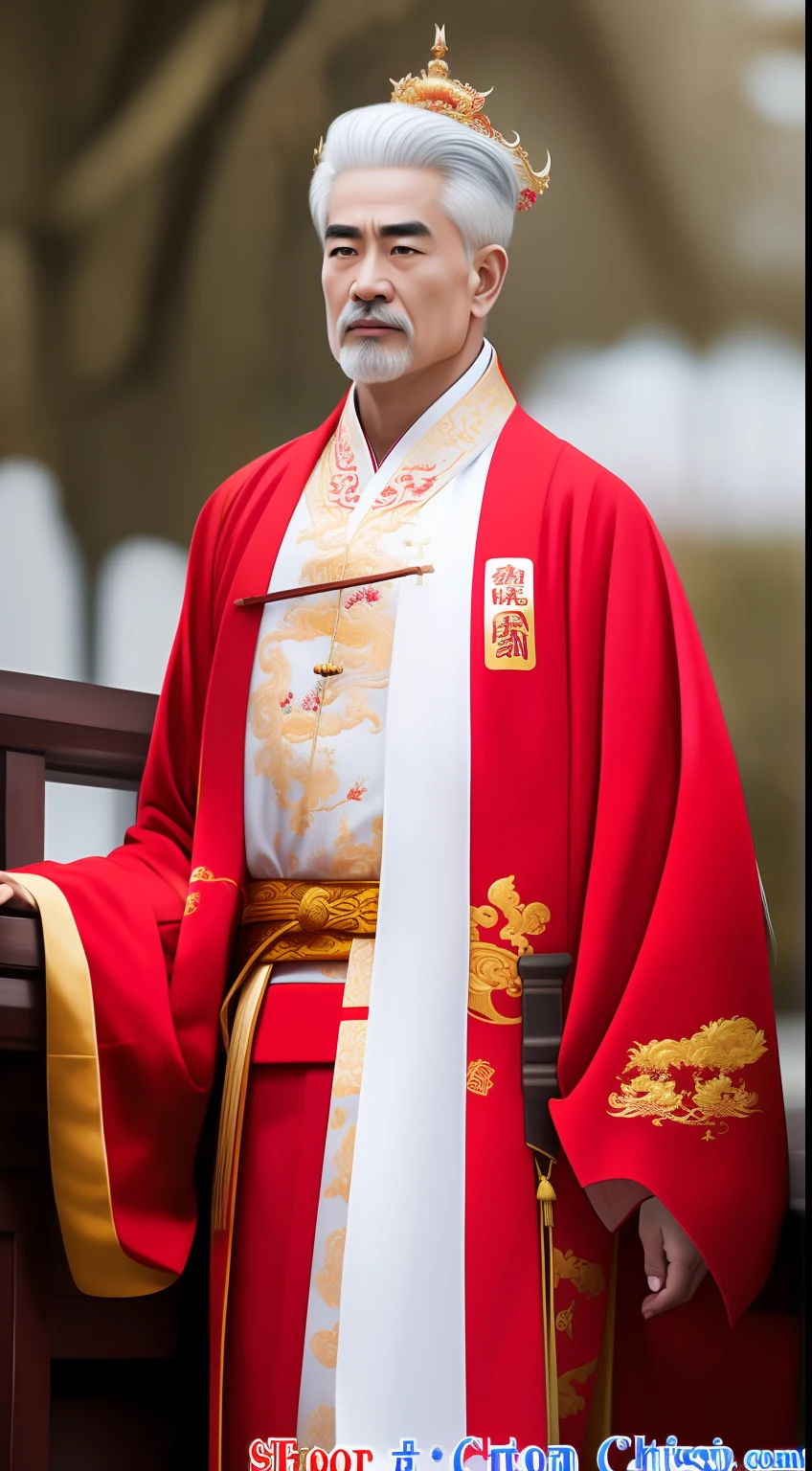 Masterpiece, Highest quality, (solofocus),, (High detail: 1.1),dojo,Red and yellow robes,The male, Man, chinese crown, 1人,and white hair,超高分辨率 , Detailed background, realisticlying, wearing a detailed and intricate xianxia antique outfit