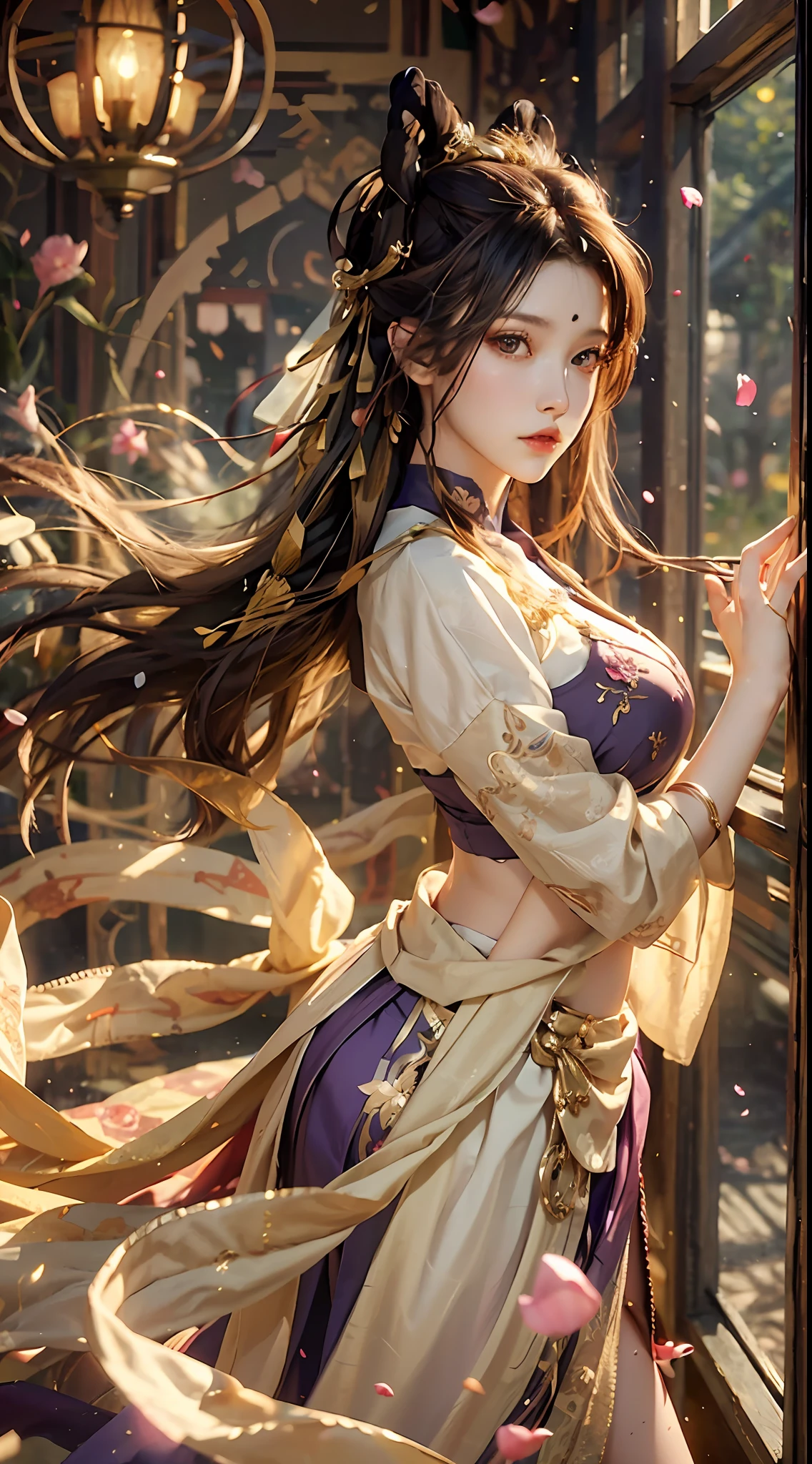 Superb Beauty, Masterpiece, High Resolution, (Exquisite Body: 1.5), Beauty, Extra Large Breasts (2.5) Wide Buttocks, Thin Waist, Stunning Beauty, (Milky Skin: 1.3), Exquisite Details, High Resolution, Wallpaper, 1 Female, Solo, Dress, Hair Accessories, (((Golden Purple Skirt)) ), Flower, Long Hair, Brown Hair, Shut Up, Accessories, Long Sleeves, Raised Hands, Wide Sleeves, Big Eyes, Flowing Hair, Hanfu, Hanfu, Embroidery, Long Dress, Natural Pose, Falling Petals, Indoor, Fanning, Lantern, 16K, HDR, High Resolution, Depth of field, (Film grain: 1.1), Bocon, Primetime, (lens flare), vignette, rainbow, (color grading: 1.5)