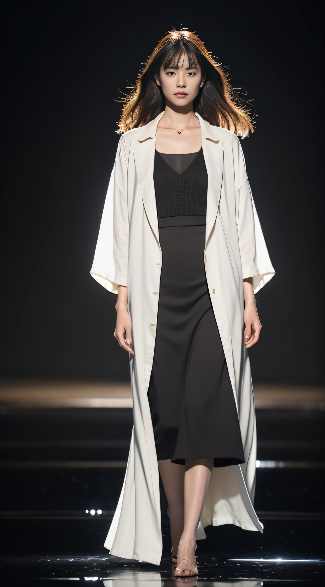 A futuristic portrait of existence, Created by John Woo in a surrealist style.  The character, Decorated in minimalist light luxury clothing, Project an ethereal aura under movie lights.  The detailed textures and reflections of water bring a layer of realism to the scene.  Capture creatures using high-speed camera technology, Emphasize its smooth form，And create the perfect blend of simple compositions against a clean background.  This surreal, High-end designs are implemented in Unreal Engine，（best qualtiy，A high resolution，tmasterpiece：1.3），A tall and beautiful woman，Slender abs，Dark brown hair in loose wavy styling，nedium breasts，Wear a pendant，white button-down blouse，obi strip，a black skirt，（Modern architecture in background），Beautifully rendered details in face and skin textures，Detailed eyes，二重まぶた