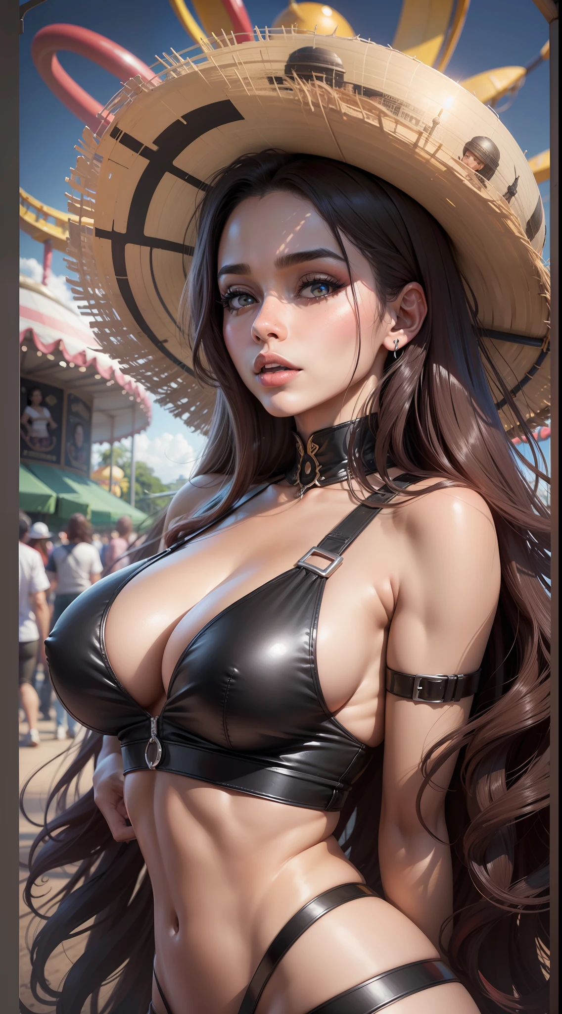 (hiper-realista), (illustration), (alta resolução), (8K), (extremamente detalhado), (best illustration), (belos olhos detalhados), (melhor qualidade), (super detalhado), (obra-prima), (papel de parede), (rosto detalhado),1 jovem garota negra, pele negra,  corpo sexy , cabelos vermelhos, pele negra, amusement park , roda gigante , cabelos vermelhos longos , alta resolução , 8k