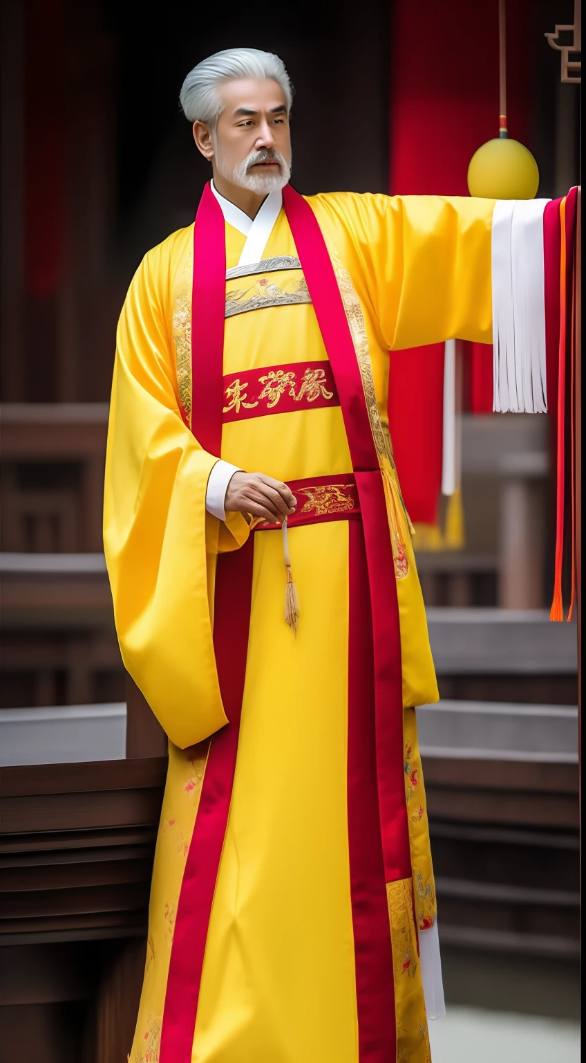 Masterpiece, Highest quality, (solofocus),, (High detail: 1.1),dojo,Red and yellow robes,The male, Man, chinese crown, 1人,and white hair,超高分辨率 , Detailed background, realisticlying, wearing a detailed and intricate xianxia antique outfit