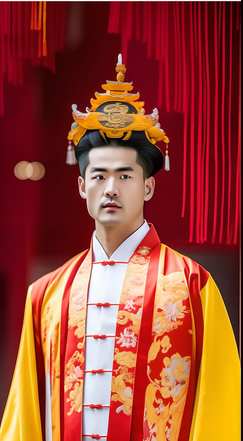 Masterpiece, Highest quality, (solofocus),, (High detail: 1.1),dojo,Red and yellow ,The male, Man, chinese crown, 1人,and white hair,超高分辨率 , Detailed background, realisticlying, wearing a detailed and intricate xianxia antique outfit