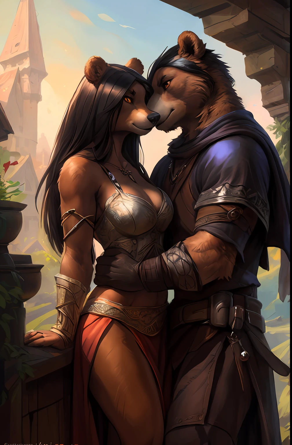 pair, lovers, (female and male), kenket, ross tran, ruan jia, bonifasko, a mighty male bear made out of (wandering barbarian), heterosexual, orange eyes, big black mane of hairs, fantasy portrait, finely detailed brown medieval underwear, intricate design, double blades, silk, cinematic lighting, 4k,