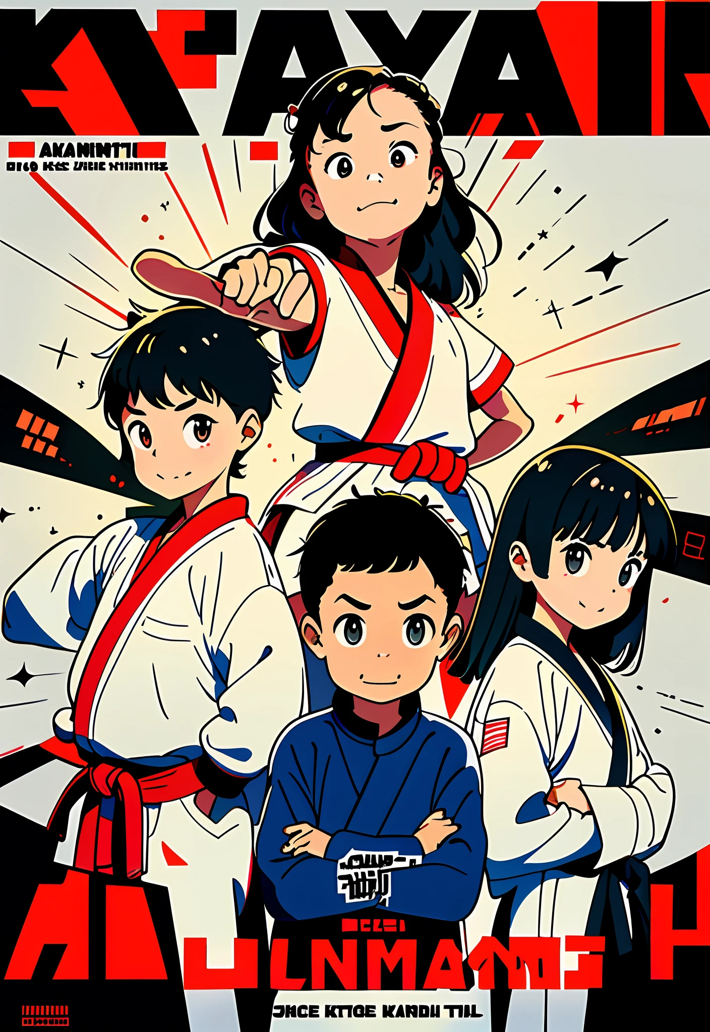 cartaz de propaganda, A children's karate team, todos vestidos de branco, is posing for a photo in front of a black belt. The staff is smiling and happy, e eles parecem estar se divertindo muito. The poster is colorful and vibrant, and has a sense of energy and excitement. The title of the film is "Children's Karate Team" and the subtitle is "They're here to fight".