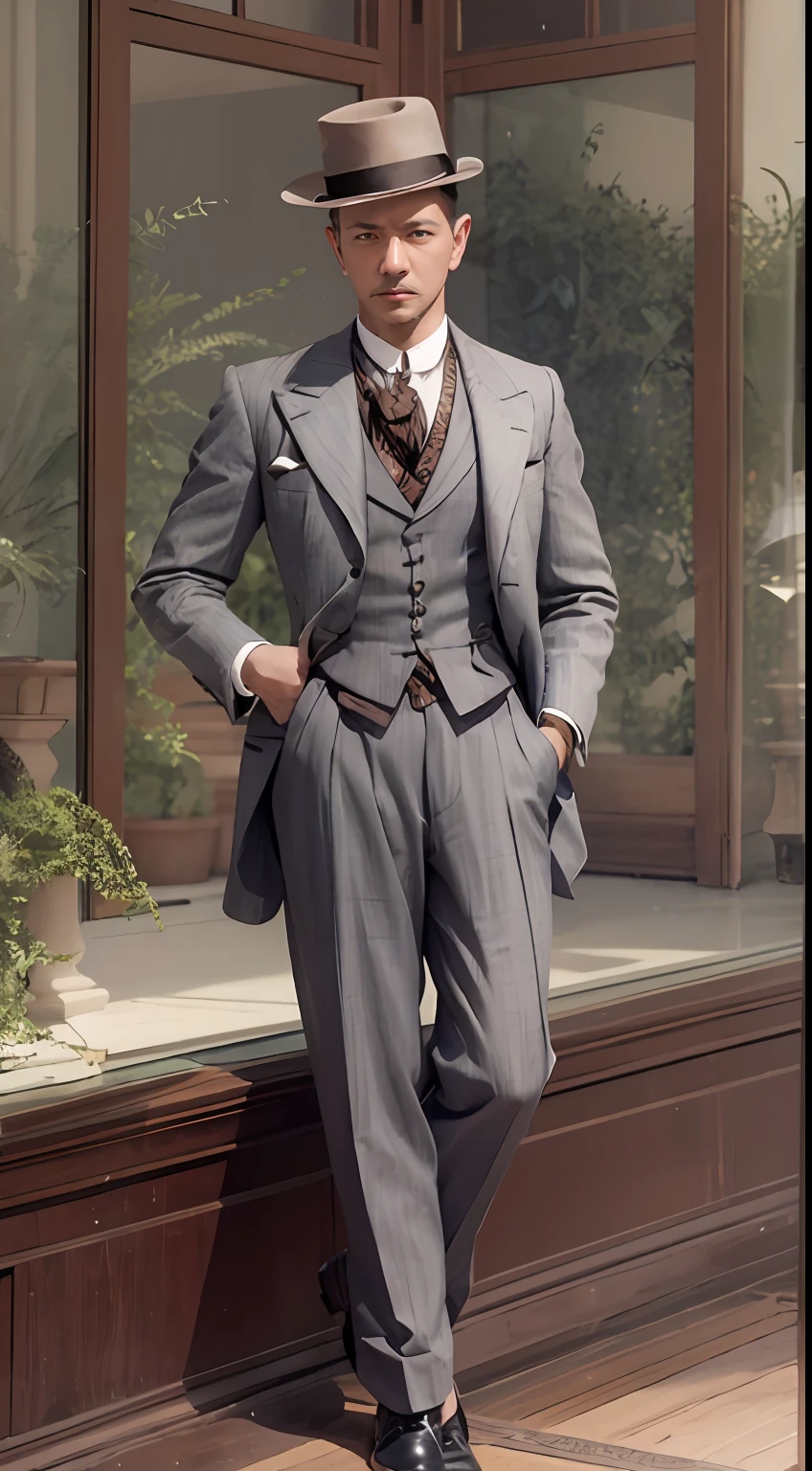 "A stylish gentleman clad in impeccable 1900s fashion."