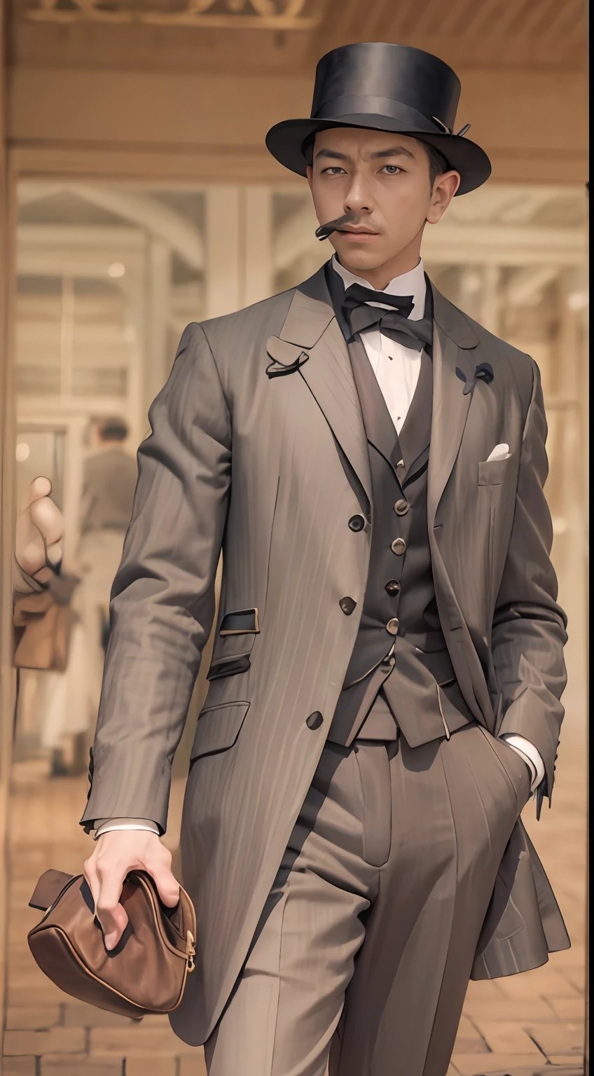 "A stylish gentleman clad in impeccable 1900s fashion."