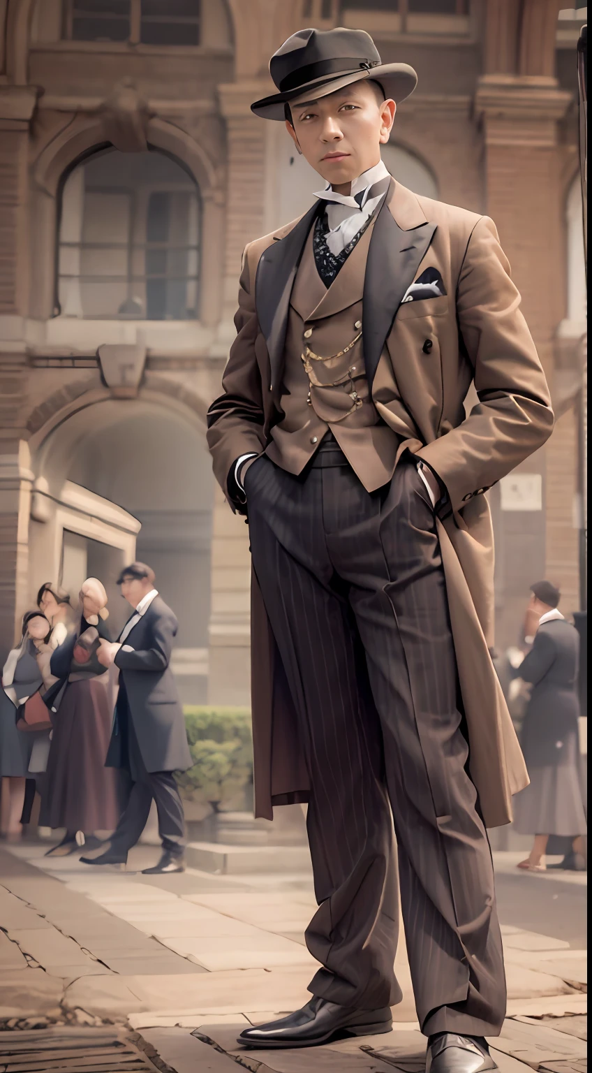 "A stylish gentleman clad in impeccable 1900s fashion."