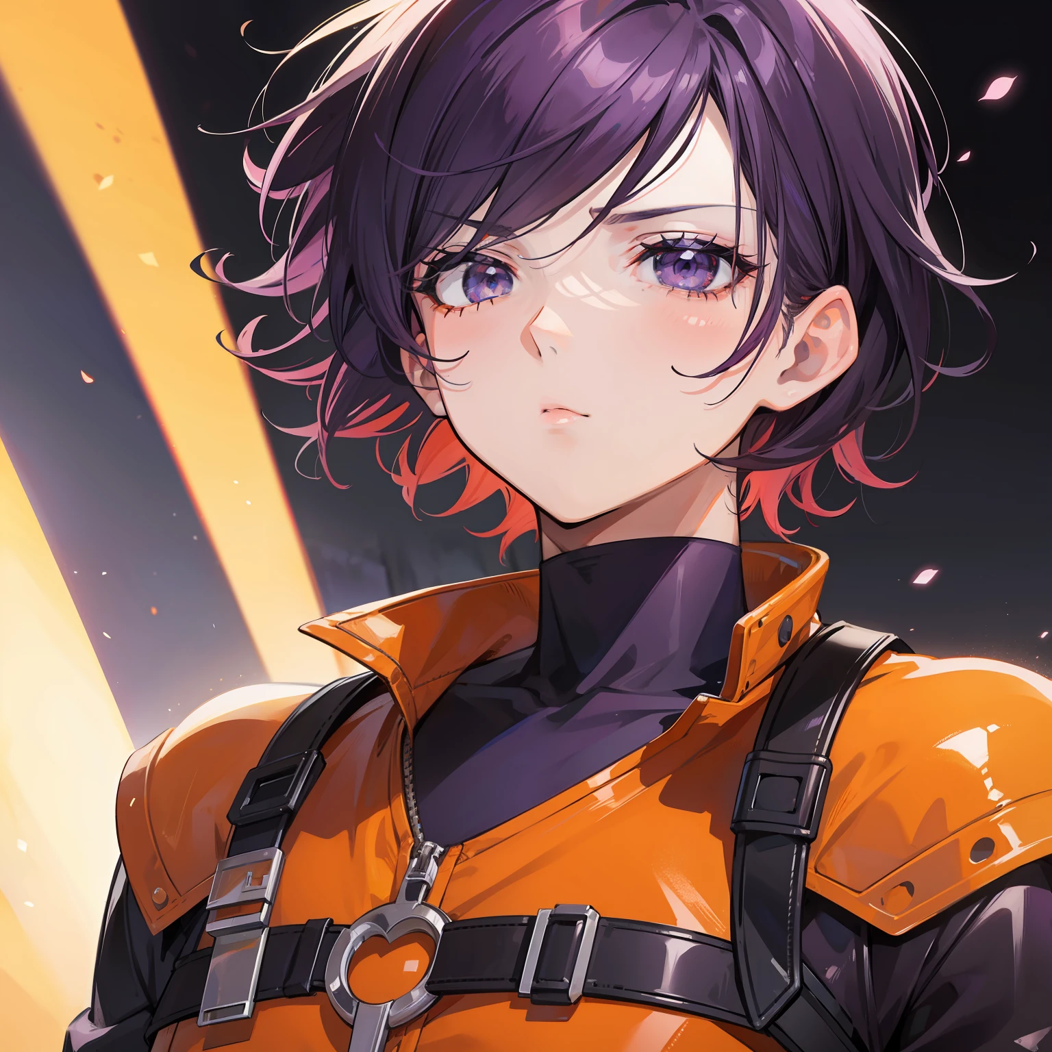 Chico de pelo corto color morado, ojos naranja, ojos expresivos, cara masculina, conduciendo una moto
