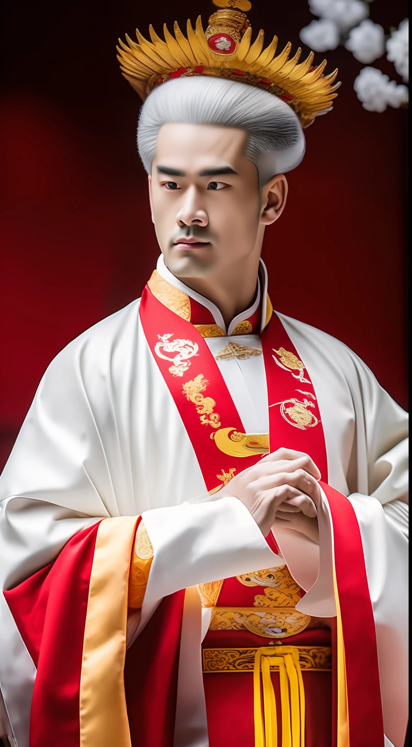 Masterpiece, Highest quality, (solofocus),, (High detail: 1.1),dojo，Red and yellow robes，The male， Man, chinese crown, 1人,and white hair,超高分辨率 , Detailed background, realisticlying, wearing a detailed and intricate xianxia antique outfit